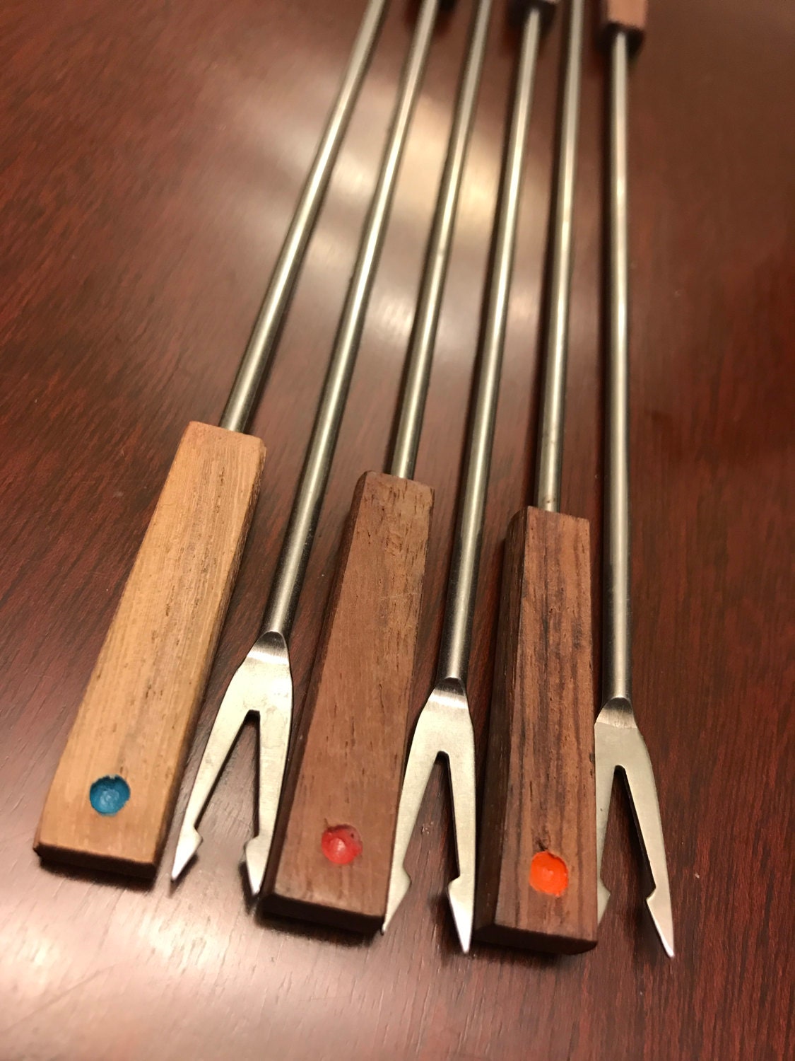 Vintage Fondue Forks, Teakwood stainless steel with Color Dots, Set of