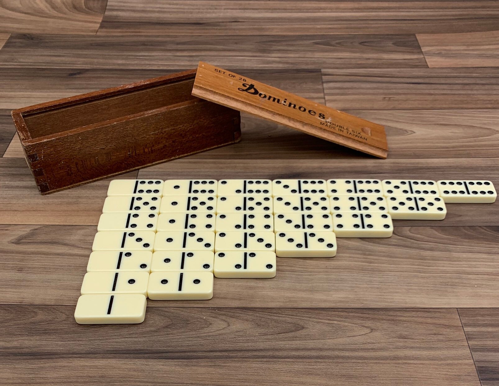 Vintage Dominoes in Wooden box, Double Six Dominoes Family Game night