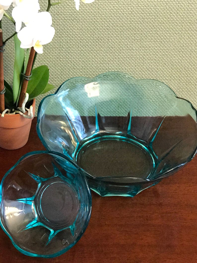Anchor Hocking Swedish Modern serving bowl set party ware Collectible serving dishes gift for her turquoise Glass Vintage Chip Dip set