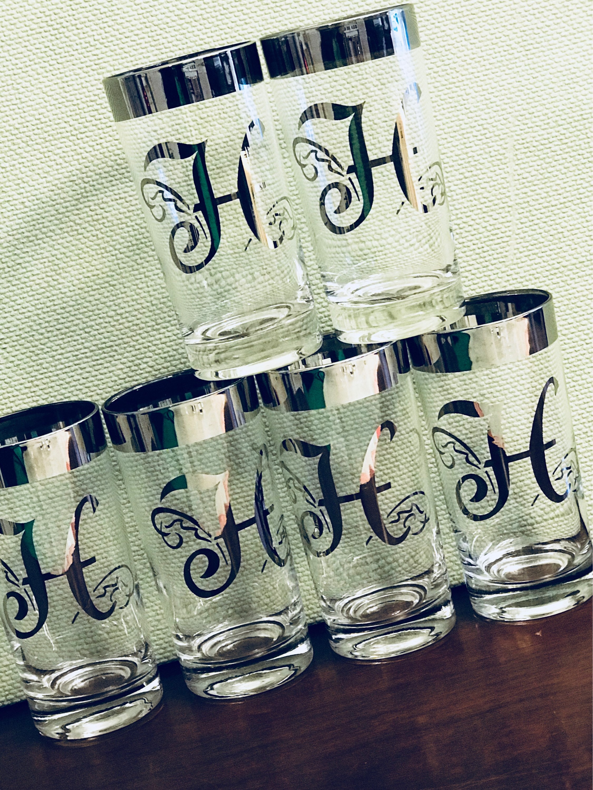 Mid Century Modern Monogrammed Glass Set, M Monogram Silver Drink ware