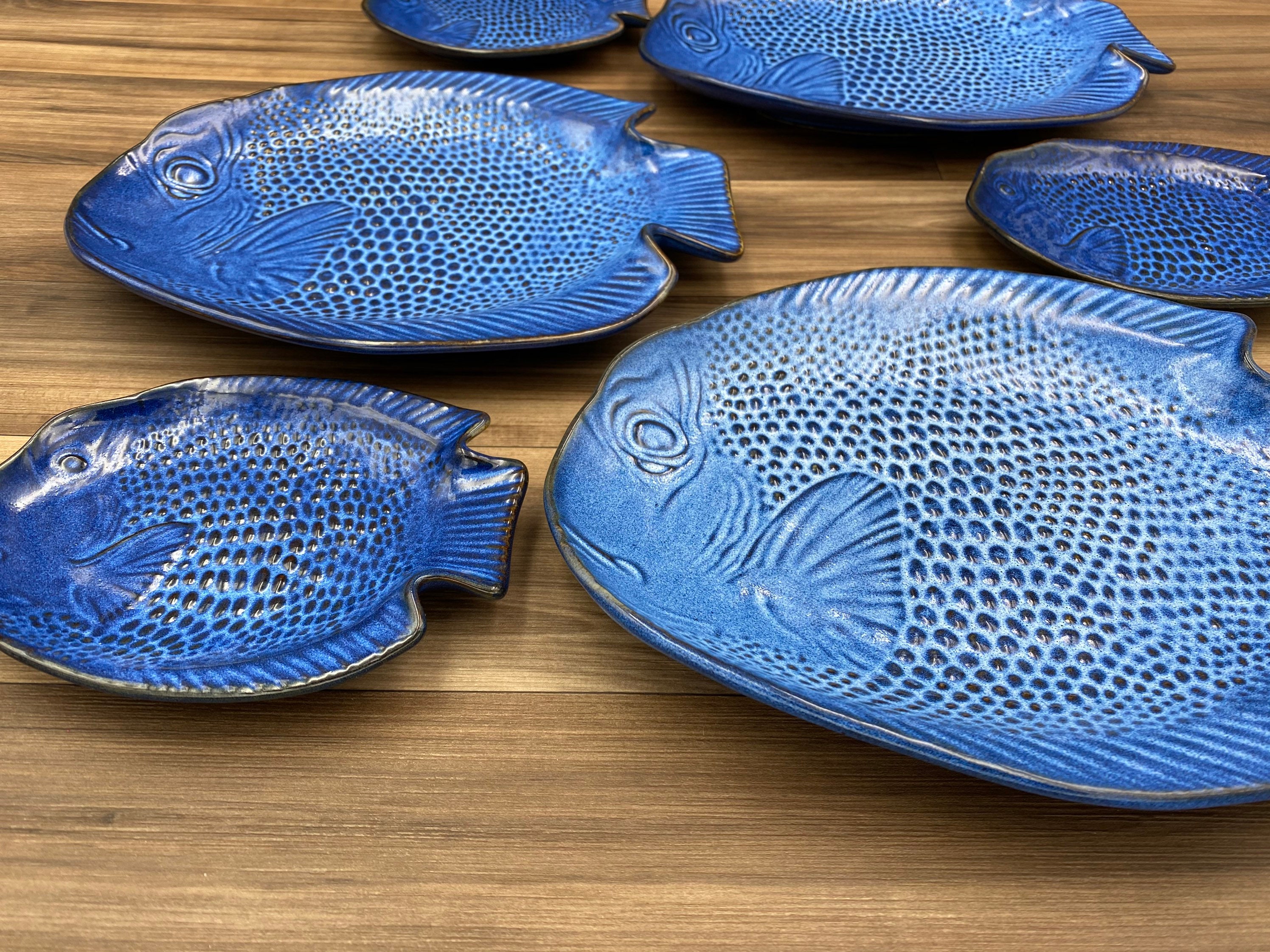 Ceramic Blue Fish Dish set, matching fish shaped plates, Beach house