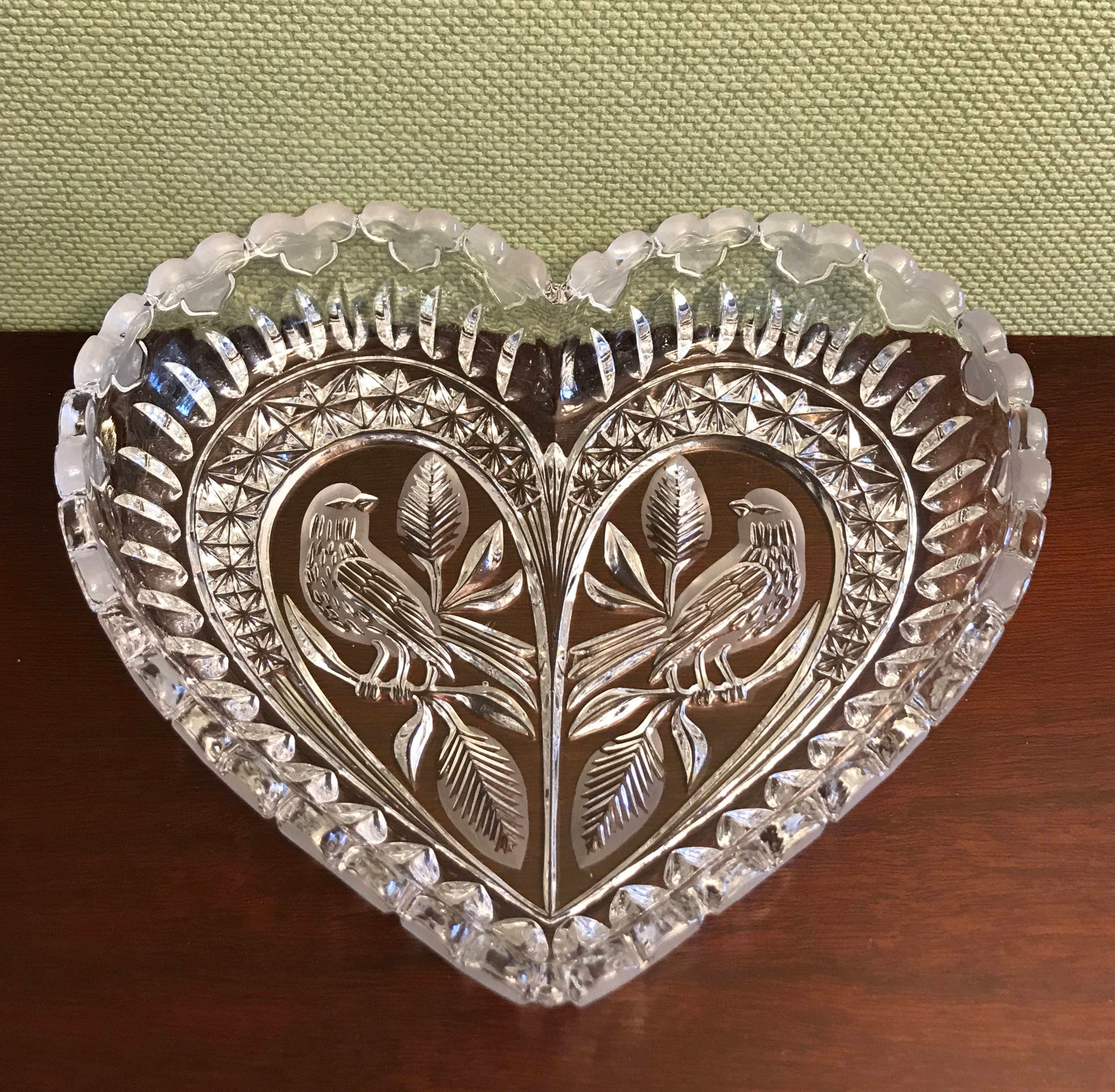 Vintage Heart shaped Crystal Bowl, Hofbauer Byrdes Birds pattern, two