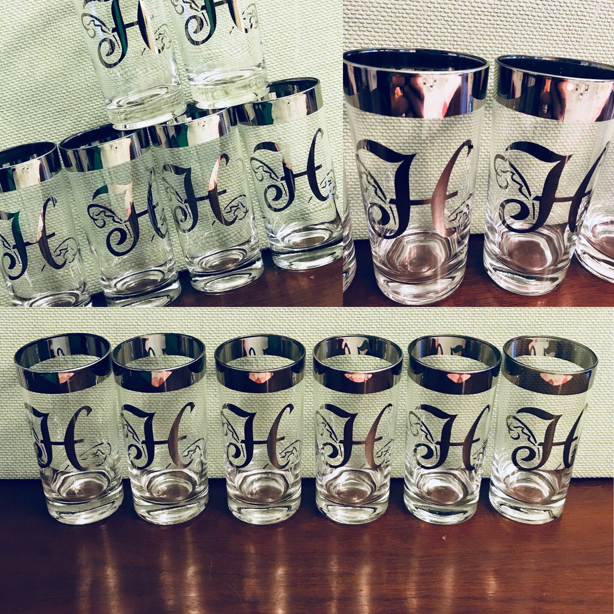 Mid Century Modern Monogrammed Glass Set, M Monogram Silver Drink ware