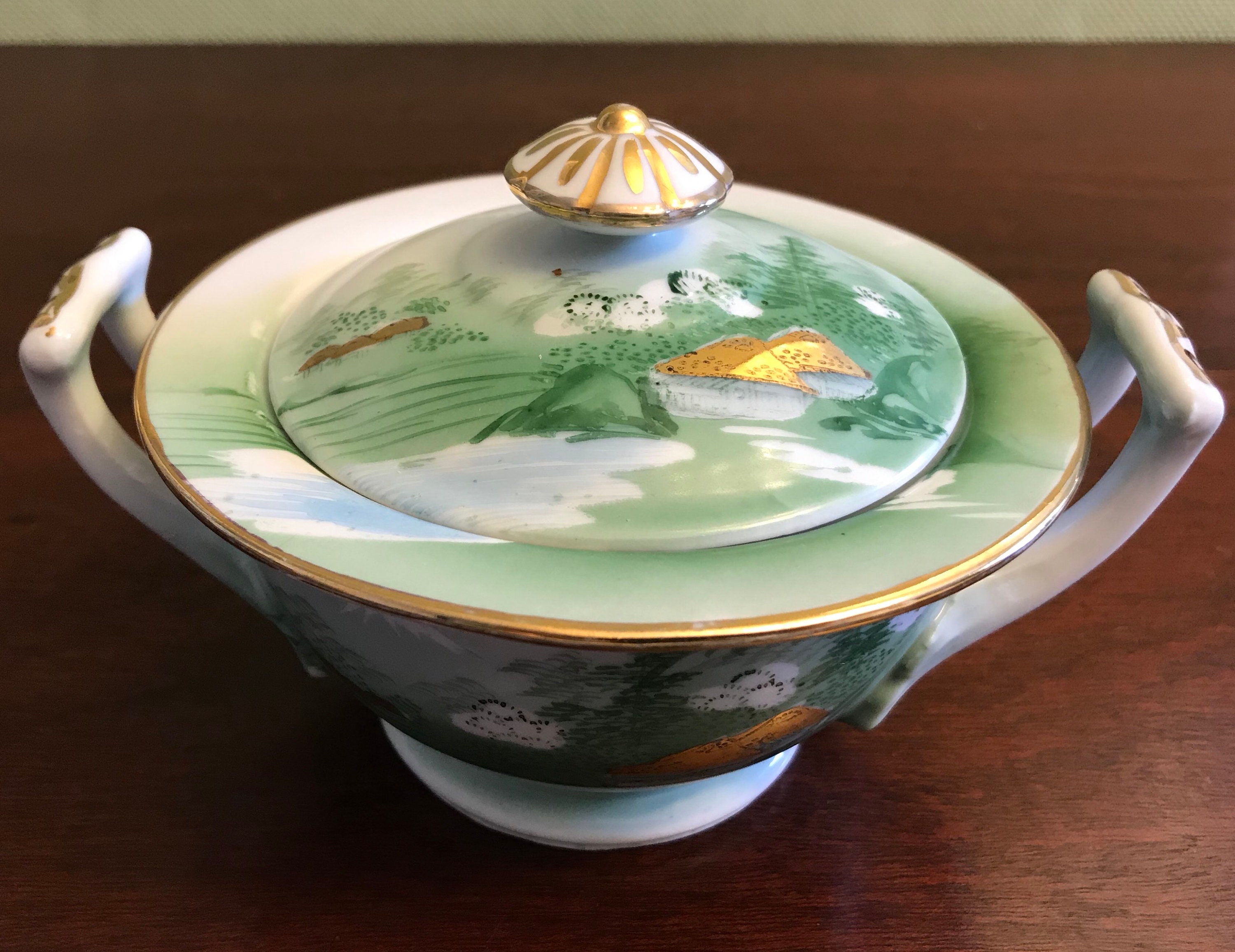 Vintage Sugar Bowl, Mid Century Kutani, Asian Mt Fuji Scene Yozan
