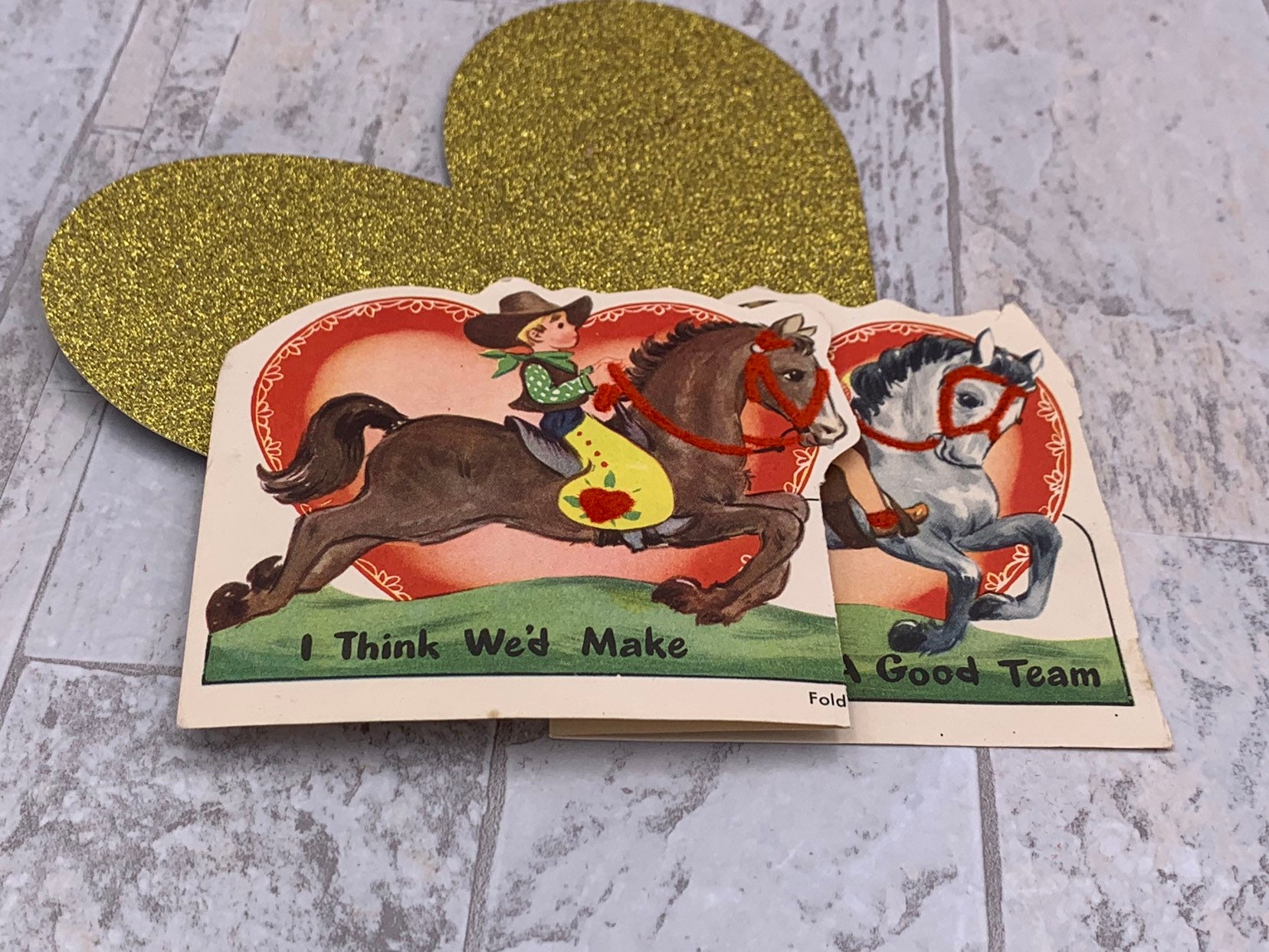 Vintage Flocked Valentines Day cards, folding Cowboy Horse themed die ...