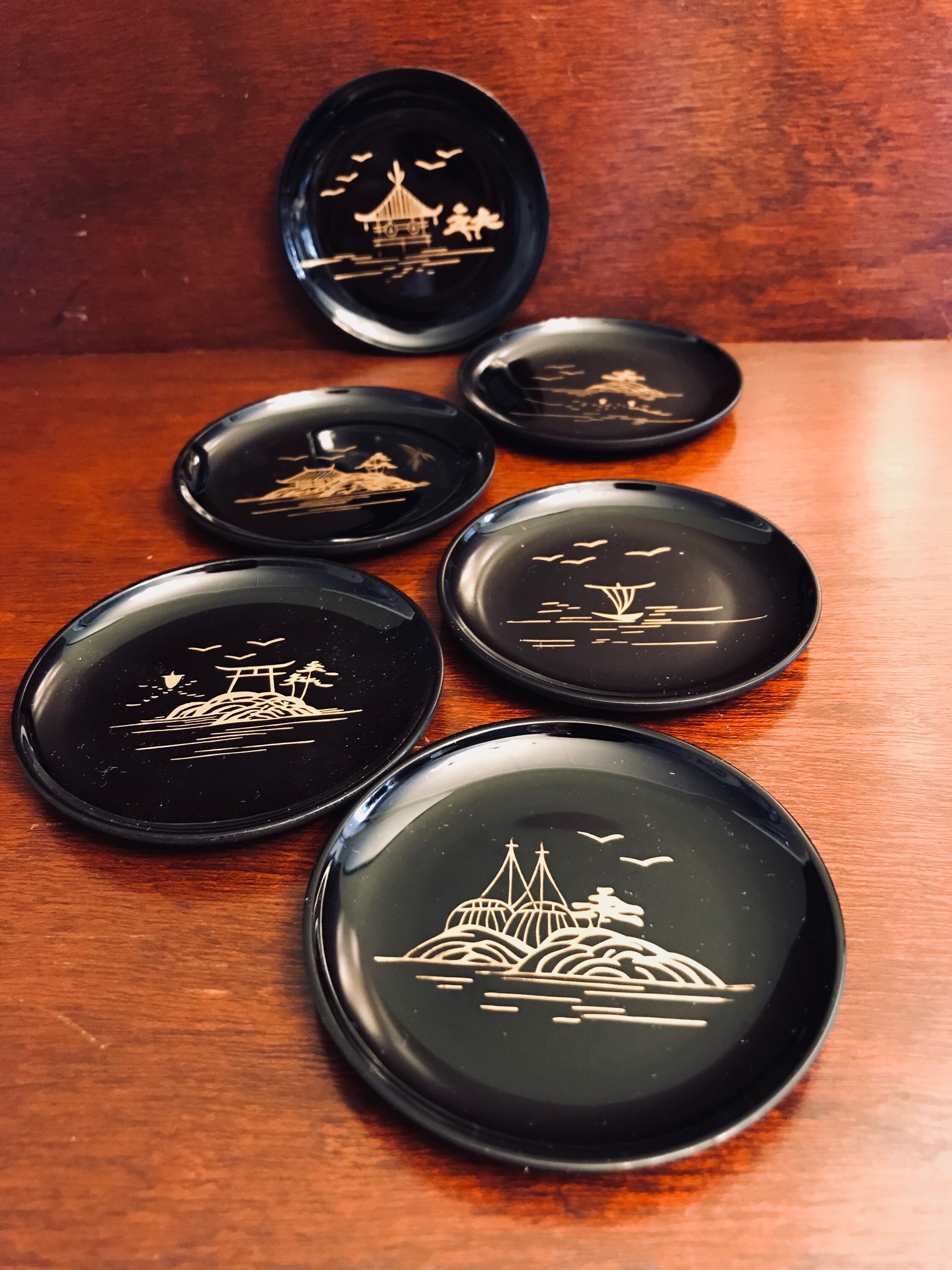 Asian Coaster set, Japanese Coasters in case, etched metal lid, set of