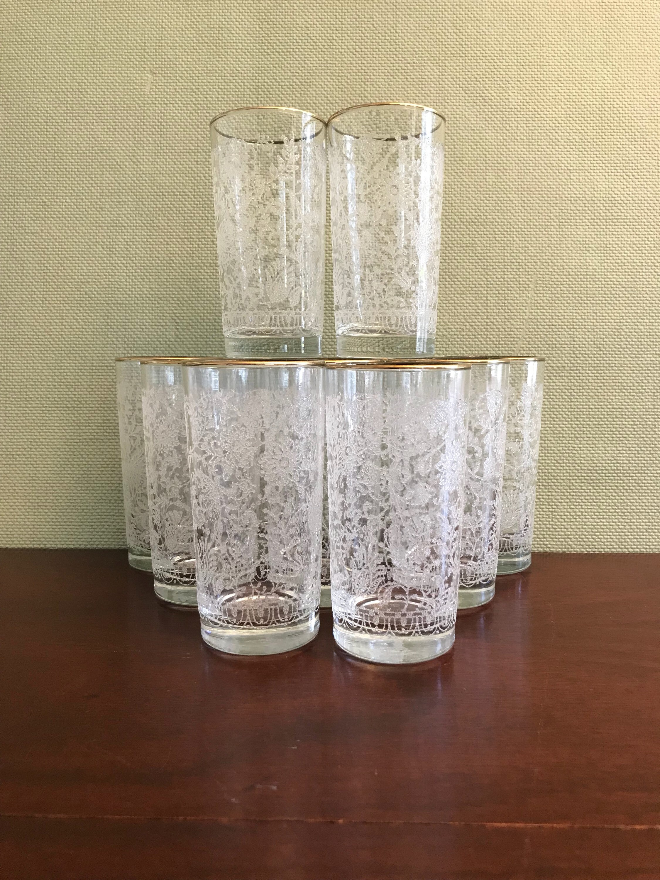 Libbey White flower glasses, vintage White and Gold glasses, Mid