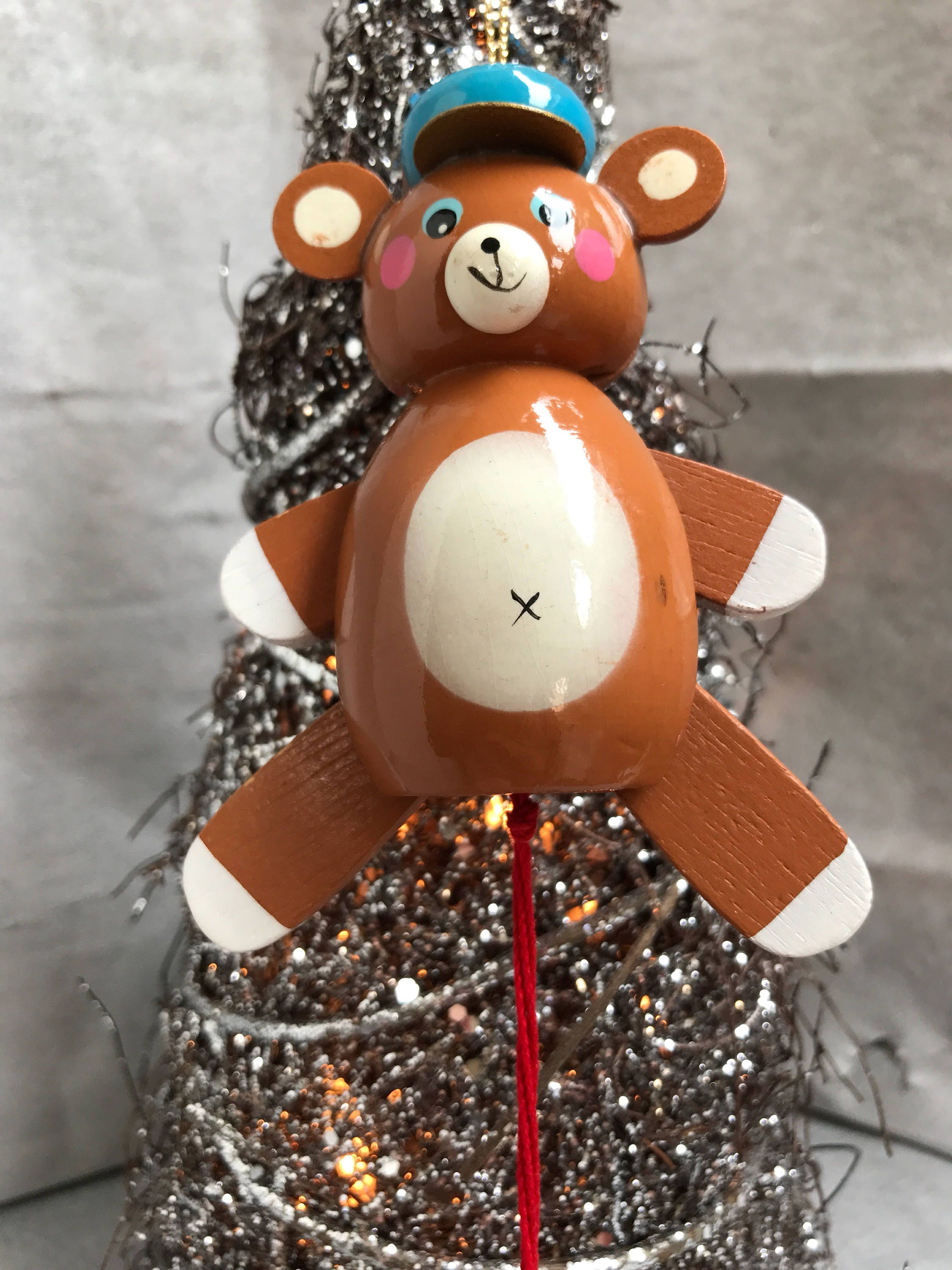 Vintage Teddy Bear Christmas Ornaments, Dancing Teddy Bear pull toy