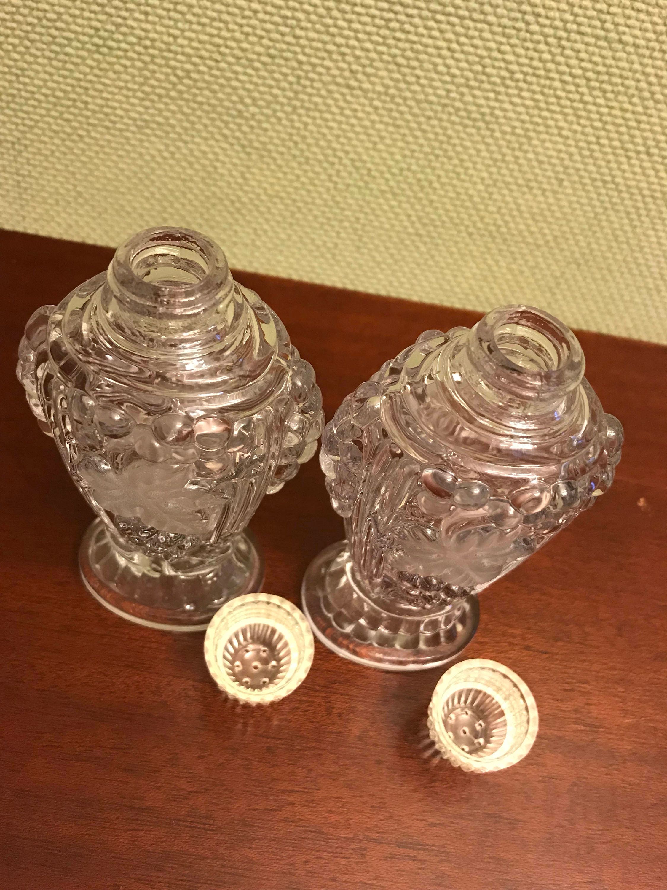 Vintage pressed Glass Salt and Pepper Shakers, frosted grape leaf