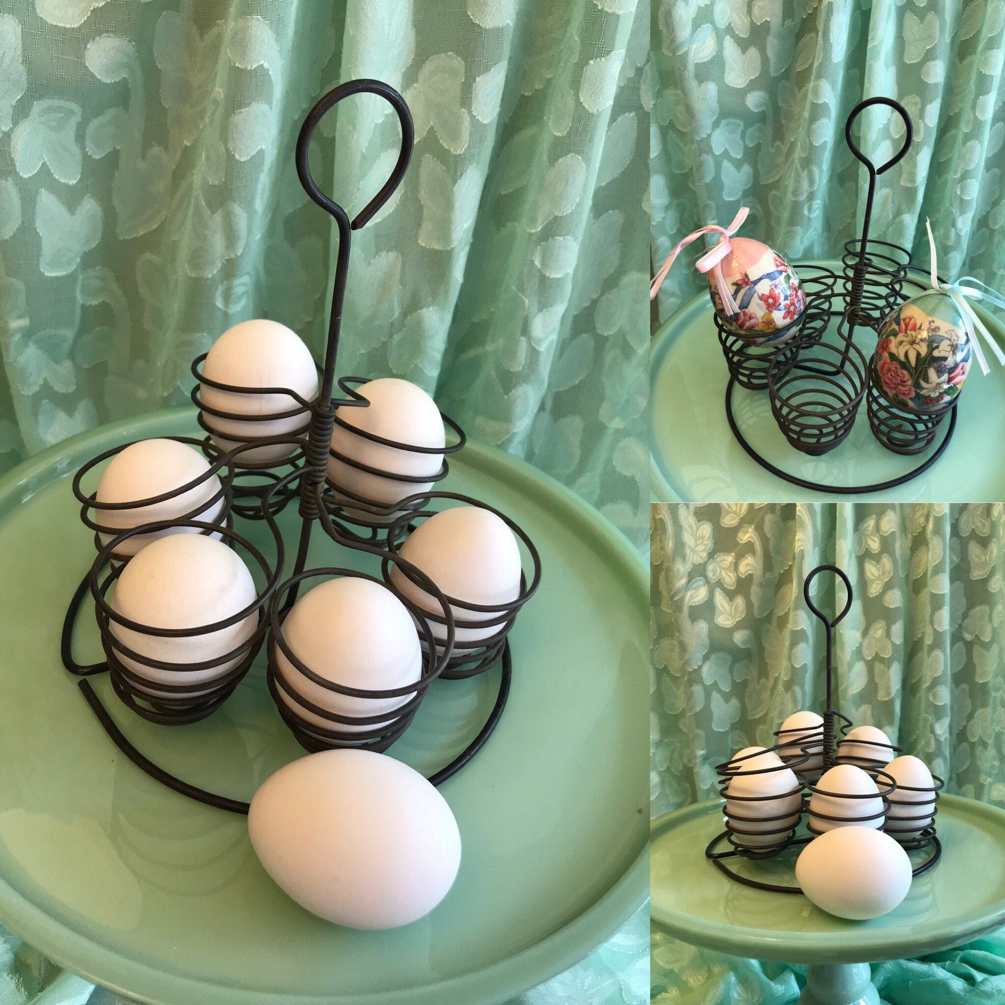 Vintage wire Egg Holder, Metal Egg Cup stand, Farmhouse egg stand
