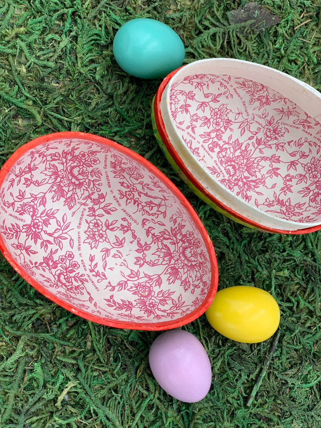 Vintage Paper Mache Easter Egg box, Chicks in a Boat Easter Candy container, East Germany