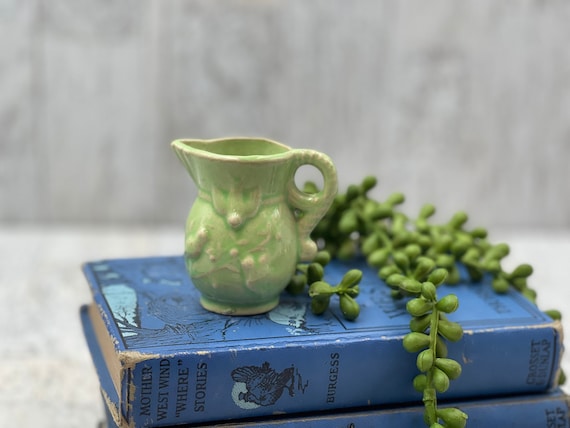 Vintage Pitcher, Tiny light green ceramic USA Mid Century Pottery