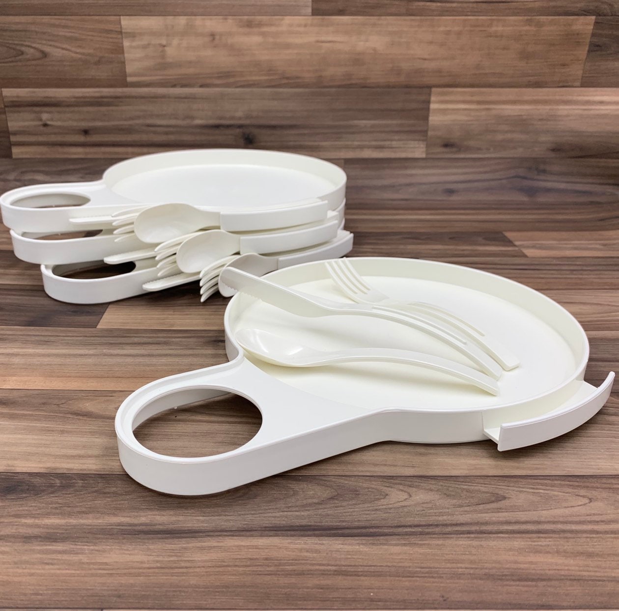 Vintage Stacking Picnic plates, Retro Plastic Dish set, Plastic Flatware