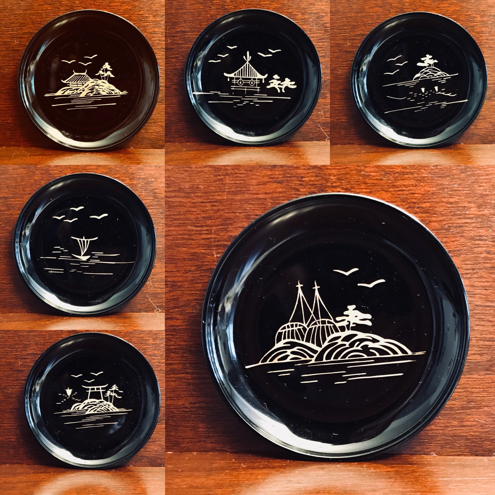 Asian Coaster set, Japanese Coasters in case, etched metal lid, set of