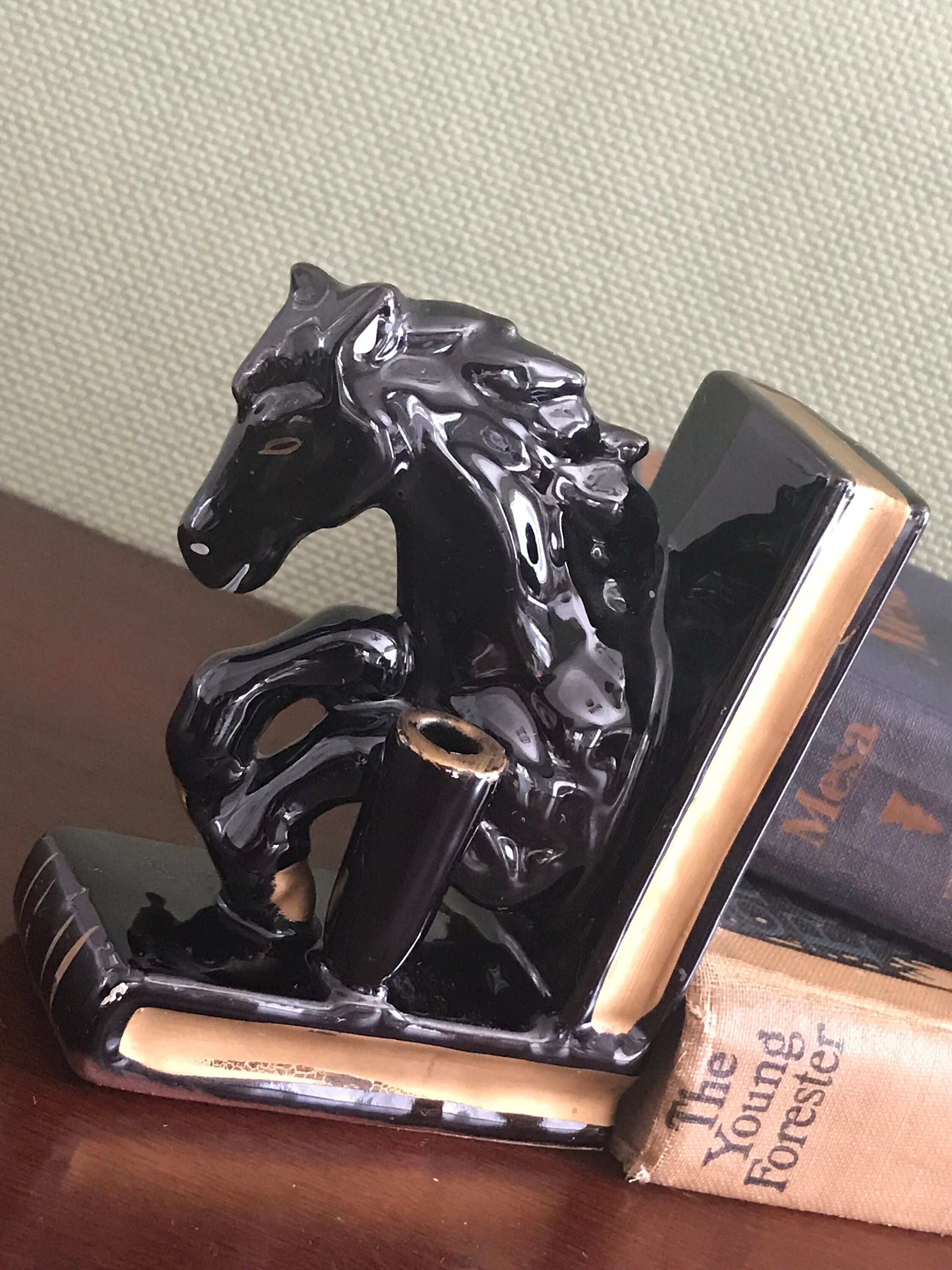 Vintage Black Horse Bookends Ceramic horses on books Equestrian Bookend