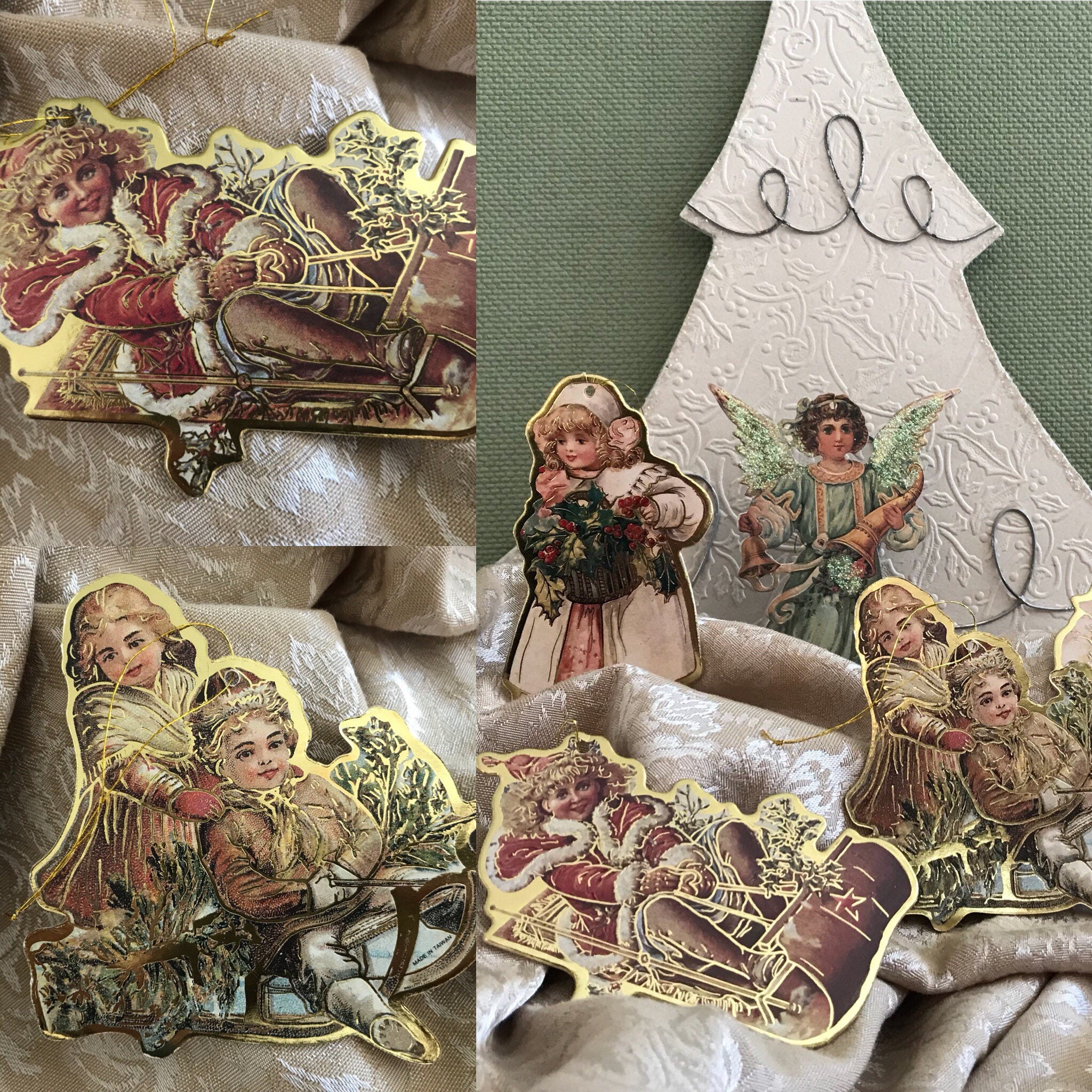 Vintage Victorian Christmas Ornaments with Gold outlines Die cut ornaments Set of Old Fashioned