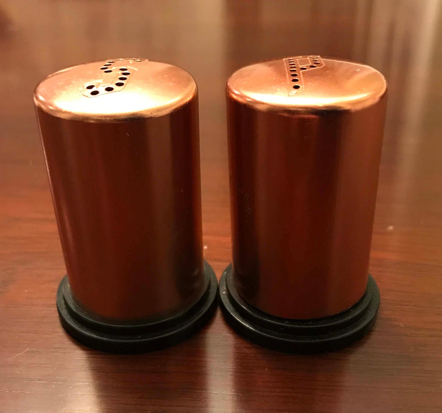 RESERVED for Sandy Retro Salt Pepper Shakers, Vintage copper on black