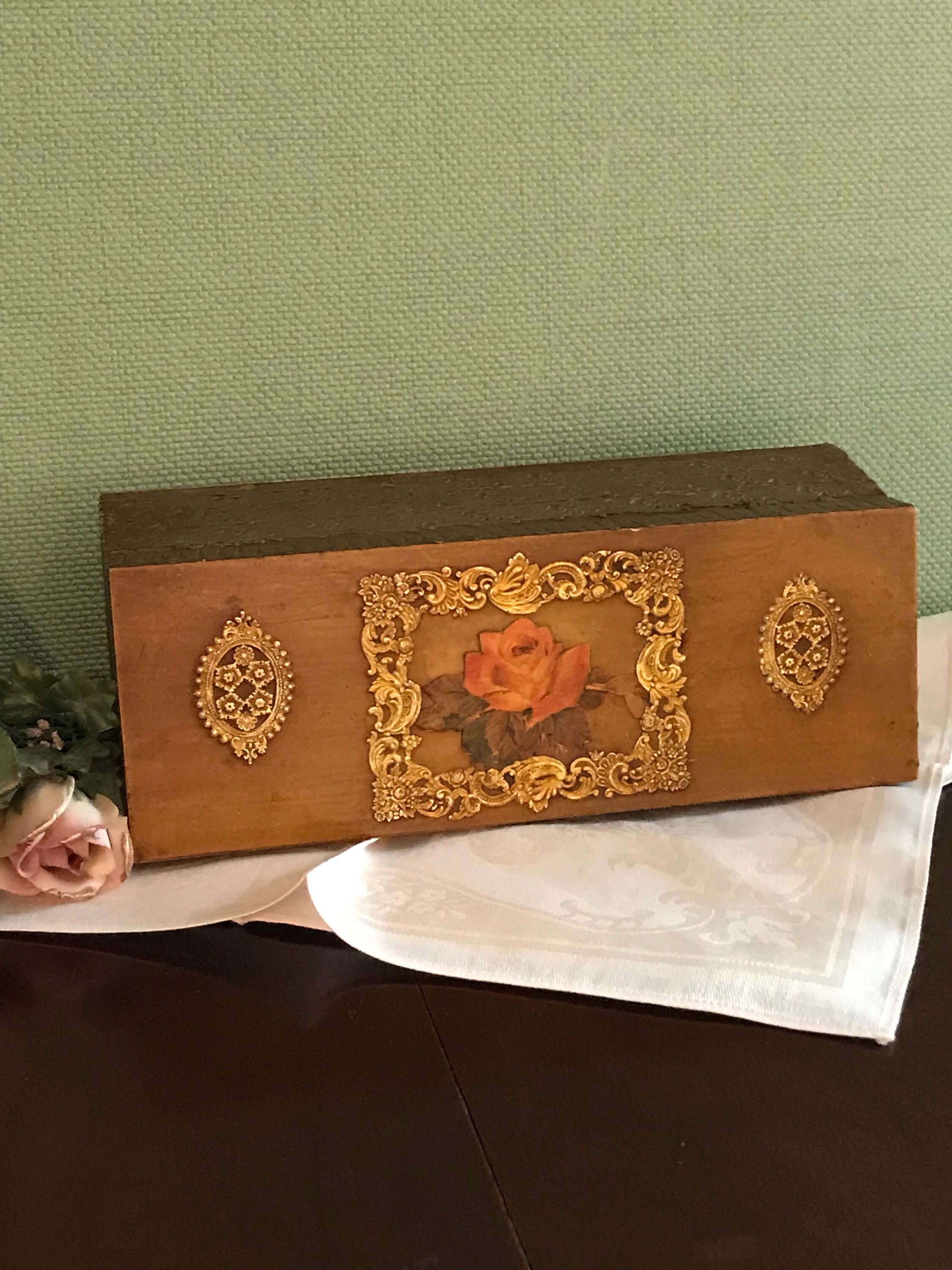 Vintage Wooden Box, Rose Decoupage Keepsake Trinket Box, gold lace