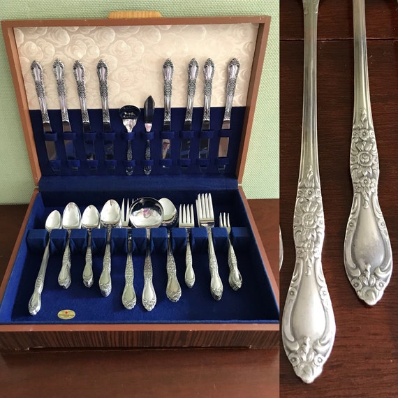 Vintage Stainless Flatware Set, Northland Carolina Flatware, complete Service for 8, Silverware chest, Floral Silverware, Hostess set