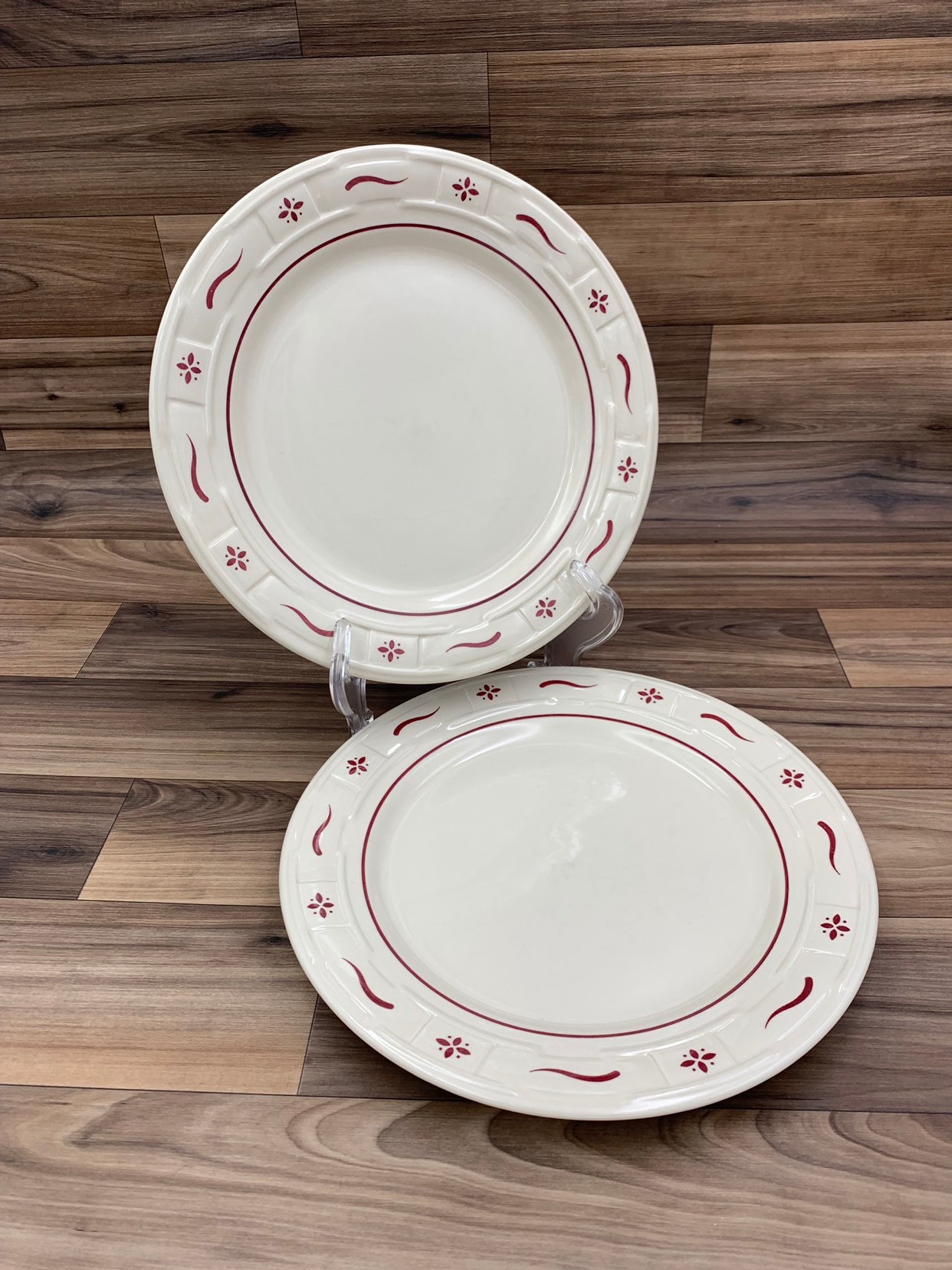 Vintage Longaberger Pottery Dinner Plates Woven traditions Red Set of 2