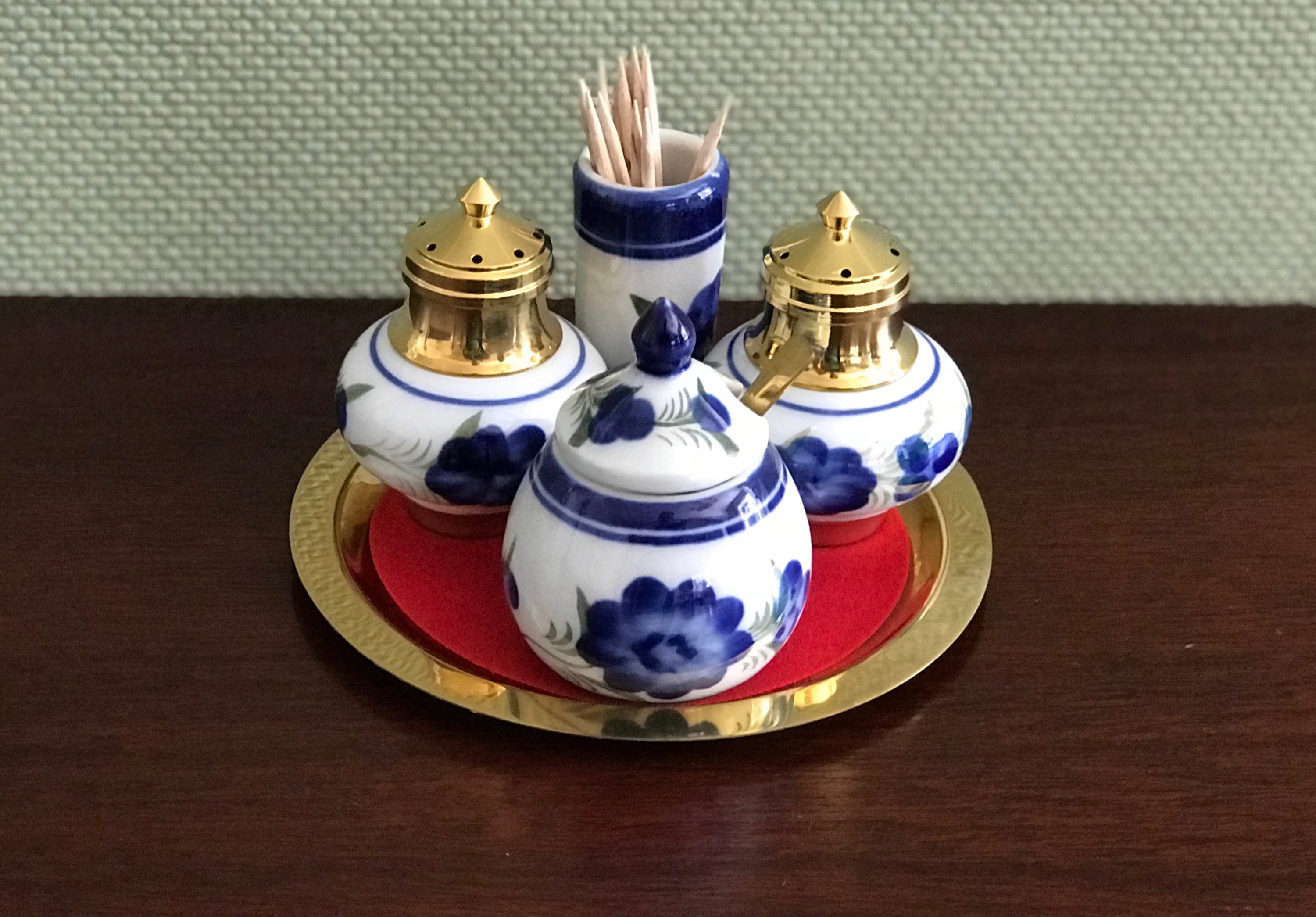 Mini Condiment set, Vintage Blue and White China Condiment set, Handpainted collectible salt and