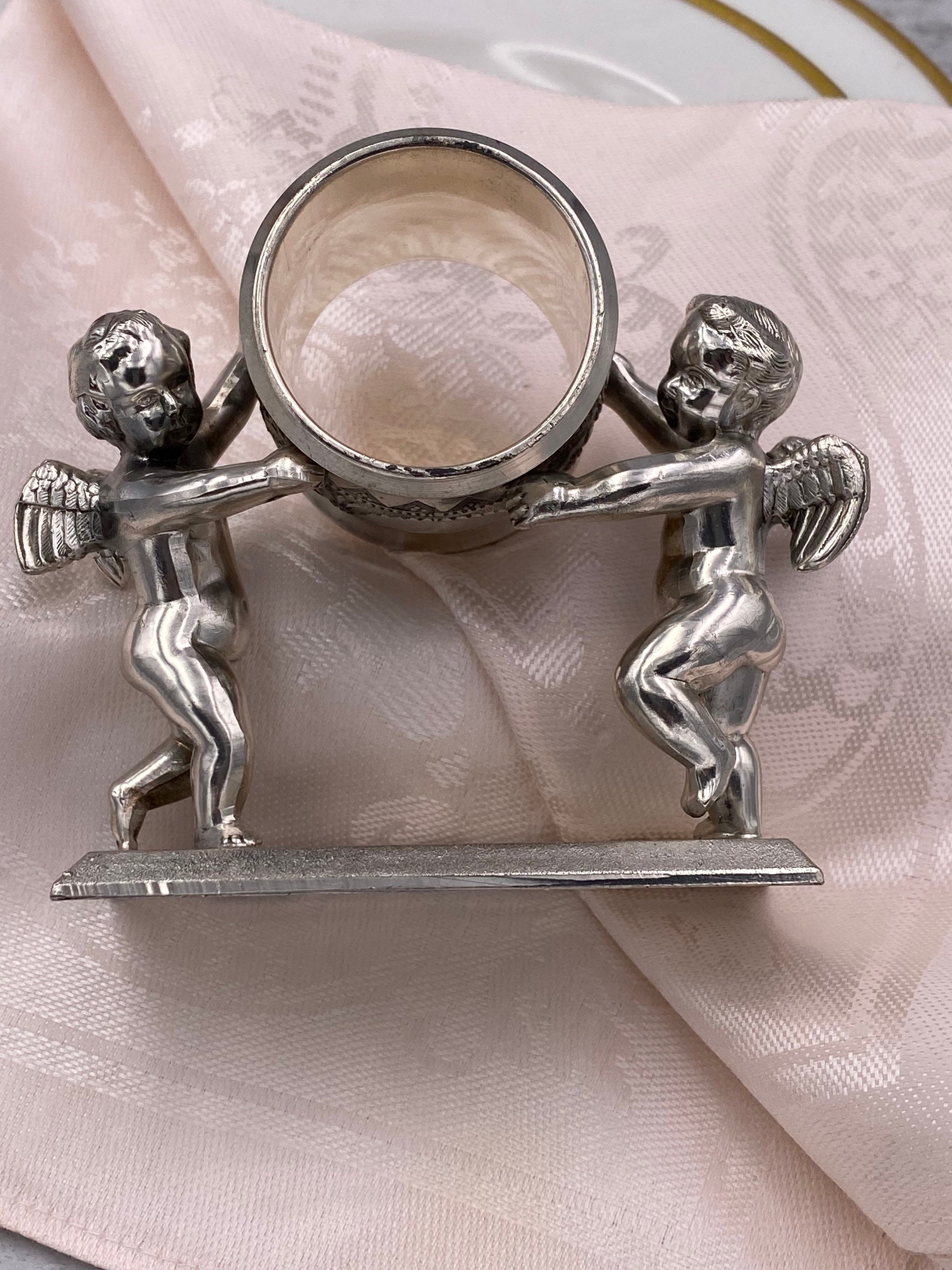 Figural Napkin Ring, 1970s reproduction Meriden Brittania Double Cherub Napkin holder, Victorian