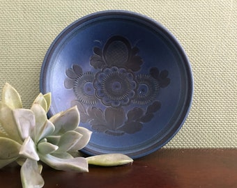 Mid Century Ceramic mini bowl Signed by artist Willy Kagel Jr, West Germany Art Ceramics, Rare wall art, Blue Floral Folk Art ceramics