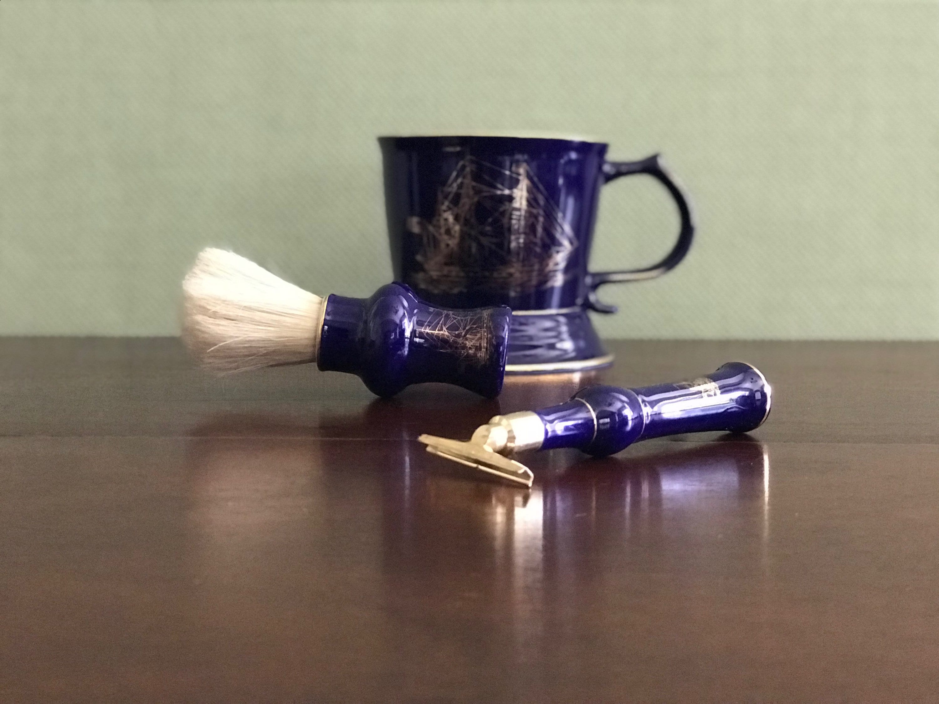 Vintage Blue Shaving Mug, Ceramic Shaving Mug with Ship, shaving brush, Razor, Collectible