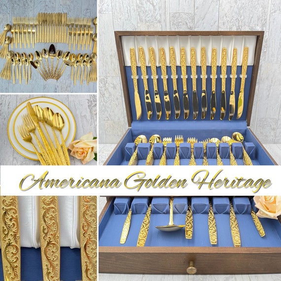 Vintage Flatware, Americana Golden Heritage IS, Gold Electroplate Silverware chest, service for 12, Hollywood Regency, gift