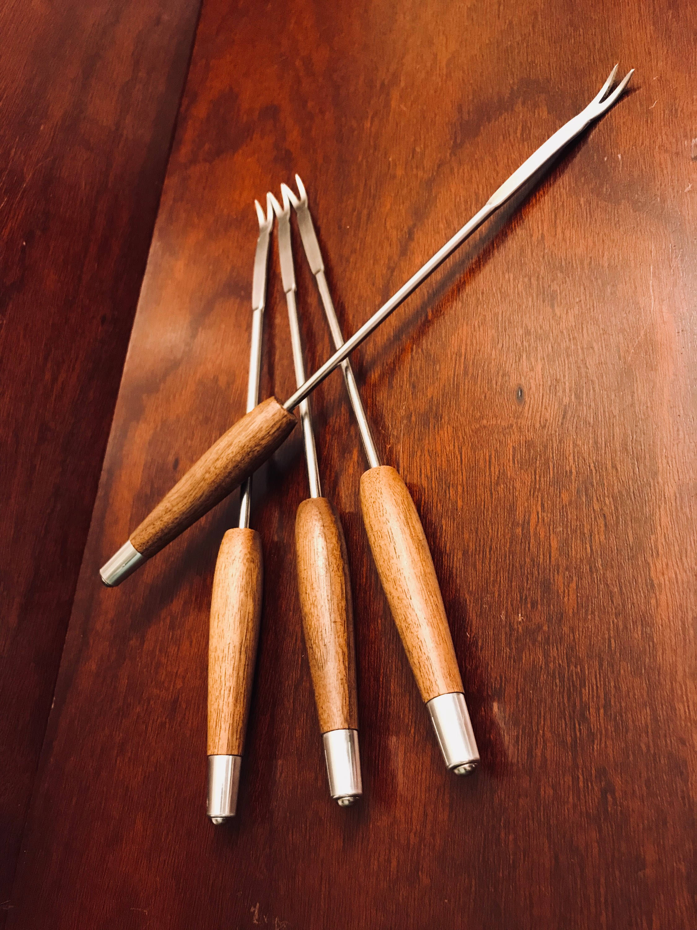 Danish Modern Fondue Forks with 2 prongs, Set of 4 fondue Party forks