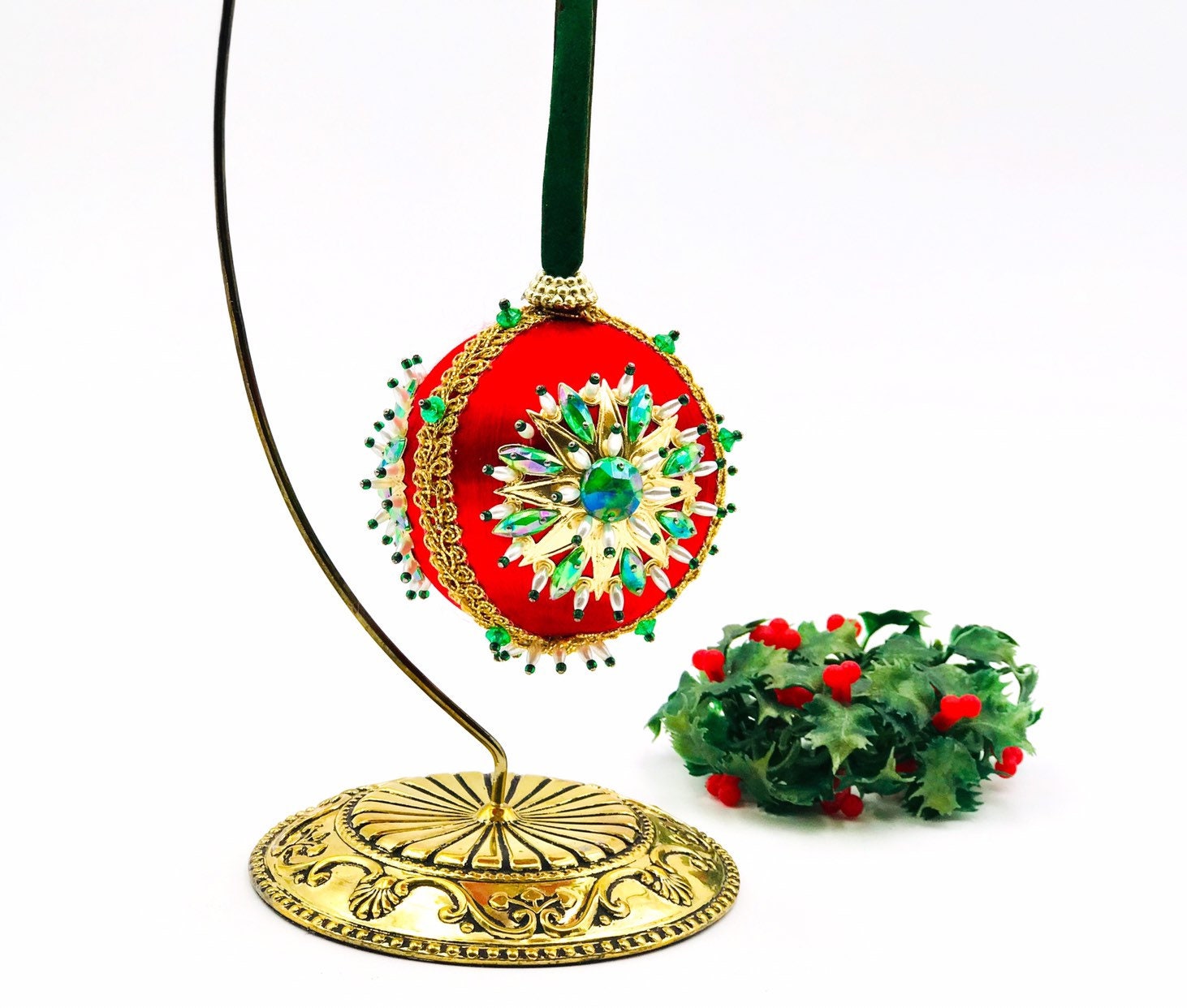Vintage Beaded Sequined Christmas Tree Ornament, red green and gold