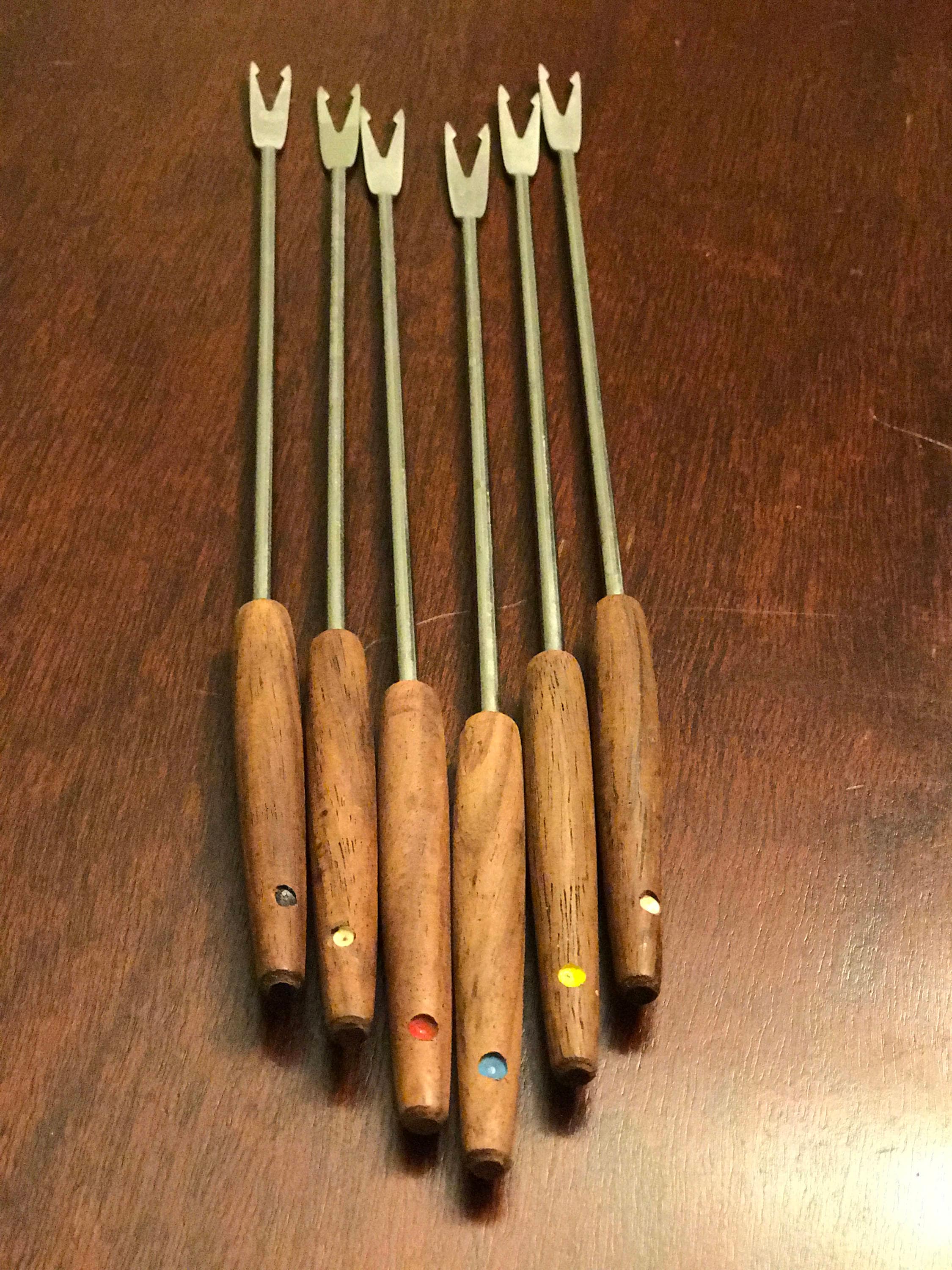 Danish Modern Fondue Forks, Teakwood stainless steel with Color Dots