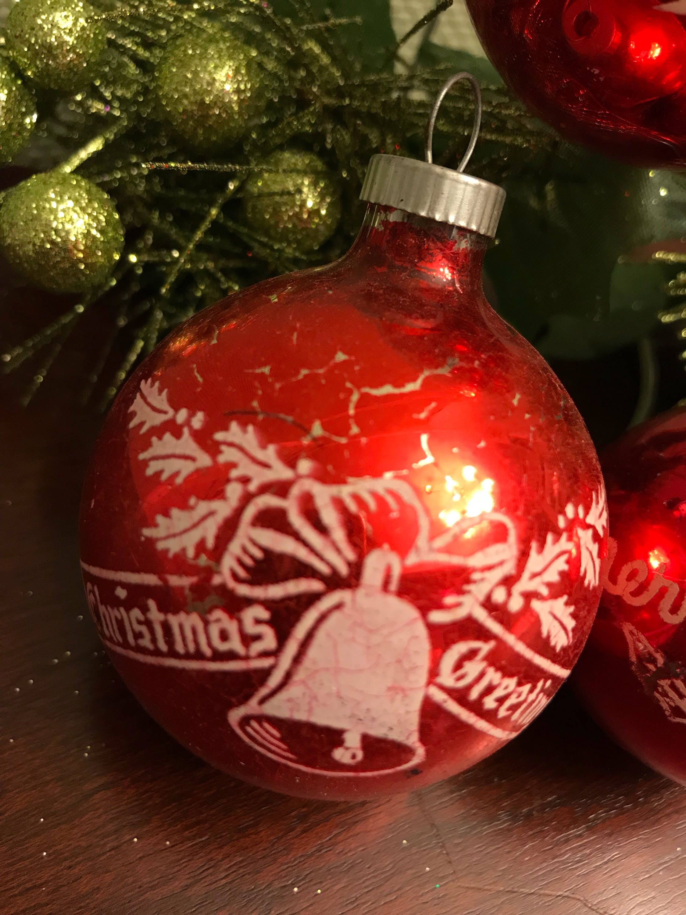 Vintage Shiny Brite Ornaments, Red Stenciled Mica Ball ornaments