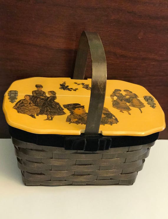 Vintage Decoupage Wood Basket Box Purse, Victorian Ladies Wood Purse, Granny Chic, Black velvet ribbon trim