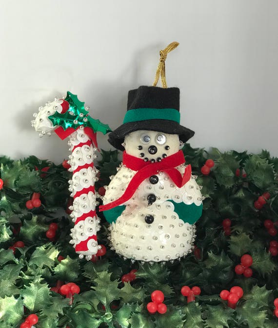 Vintage Christmas Ornaments, Beaded Sequined Snowman and Candy Cane, Luxury Handmade gift set