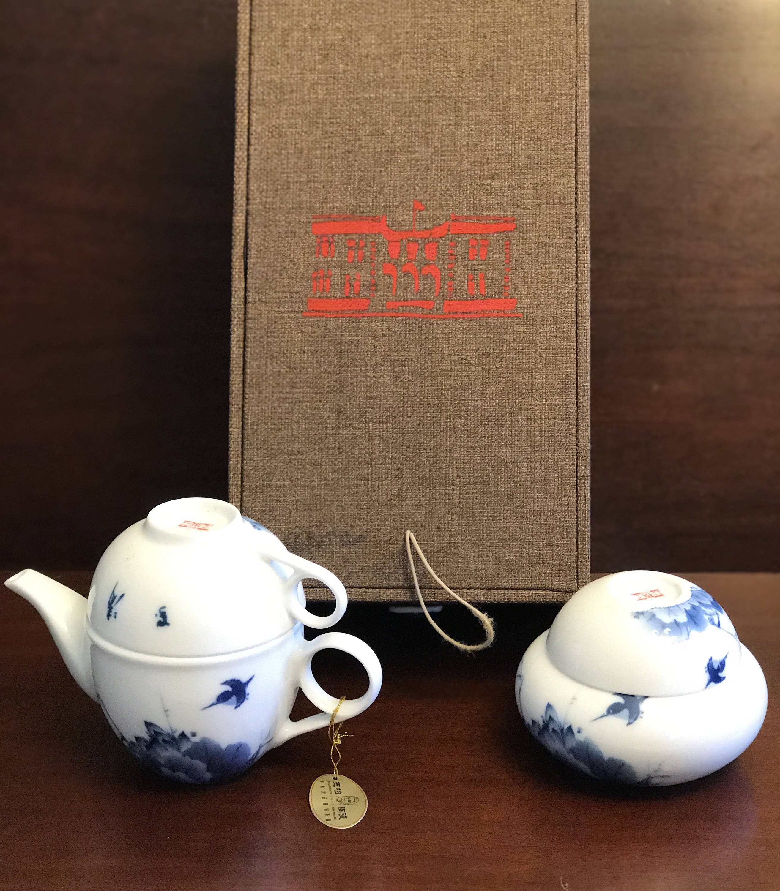 Asian Tea Set, Tea service, Birds and Flowers Fine China, matching Teapot Teacup Gai Wan