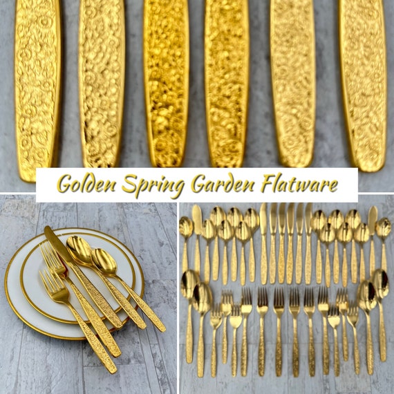 Vintage Gold Flatware Set, Golden Spring Garden Flatware, service for 6, Hostess Set, Luxury Silverware, gift