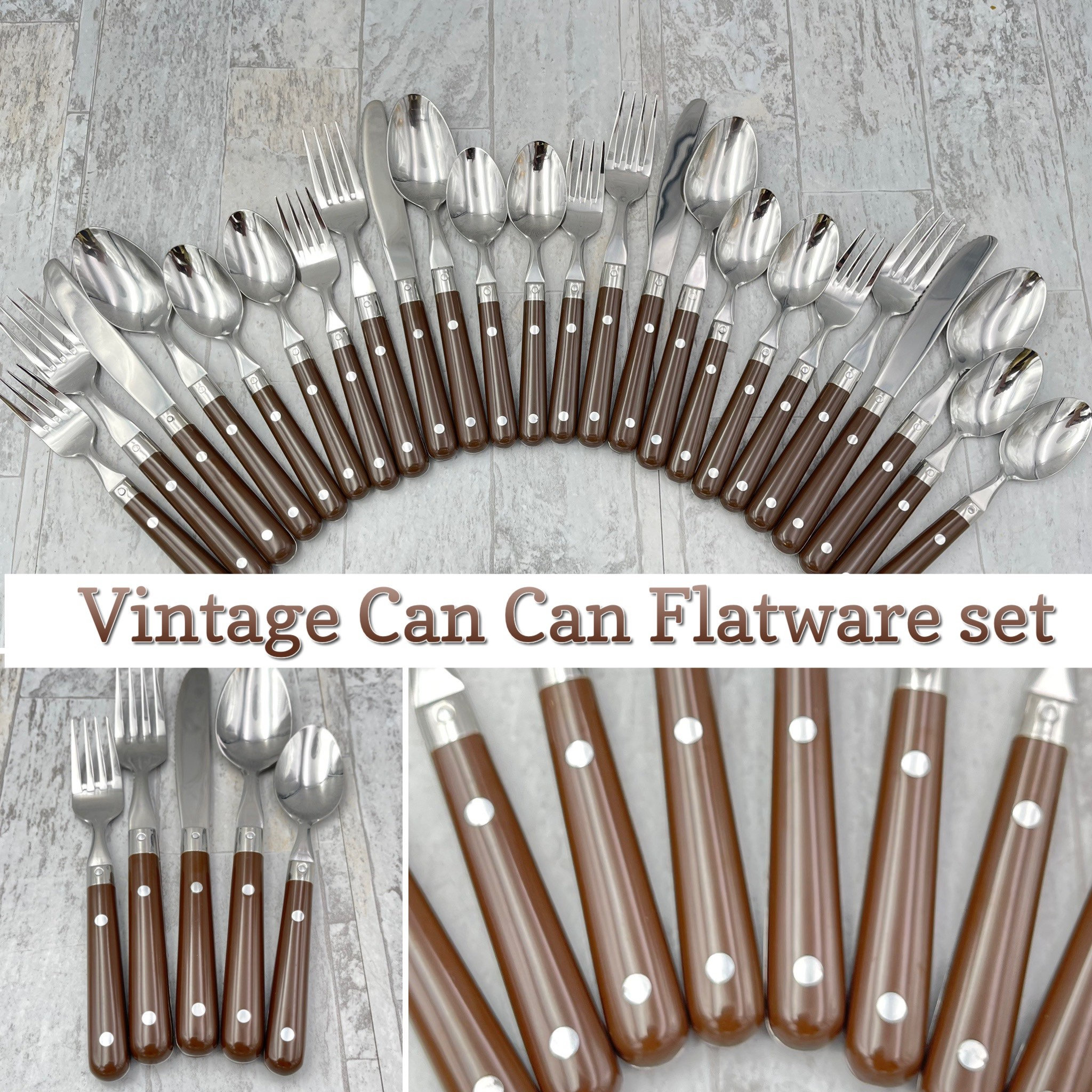 Vintage Flatware set with riveted Brown Plastic Handles, Rustic Cabin, Vintage TrailerCamping