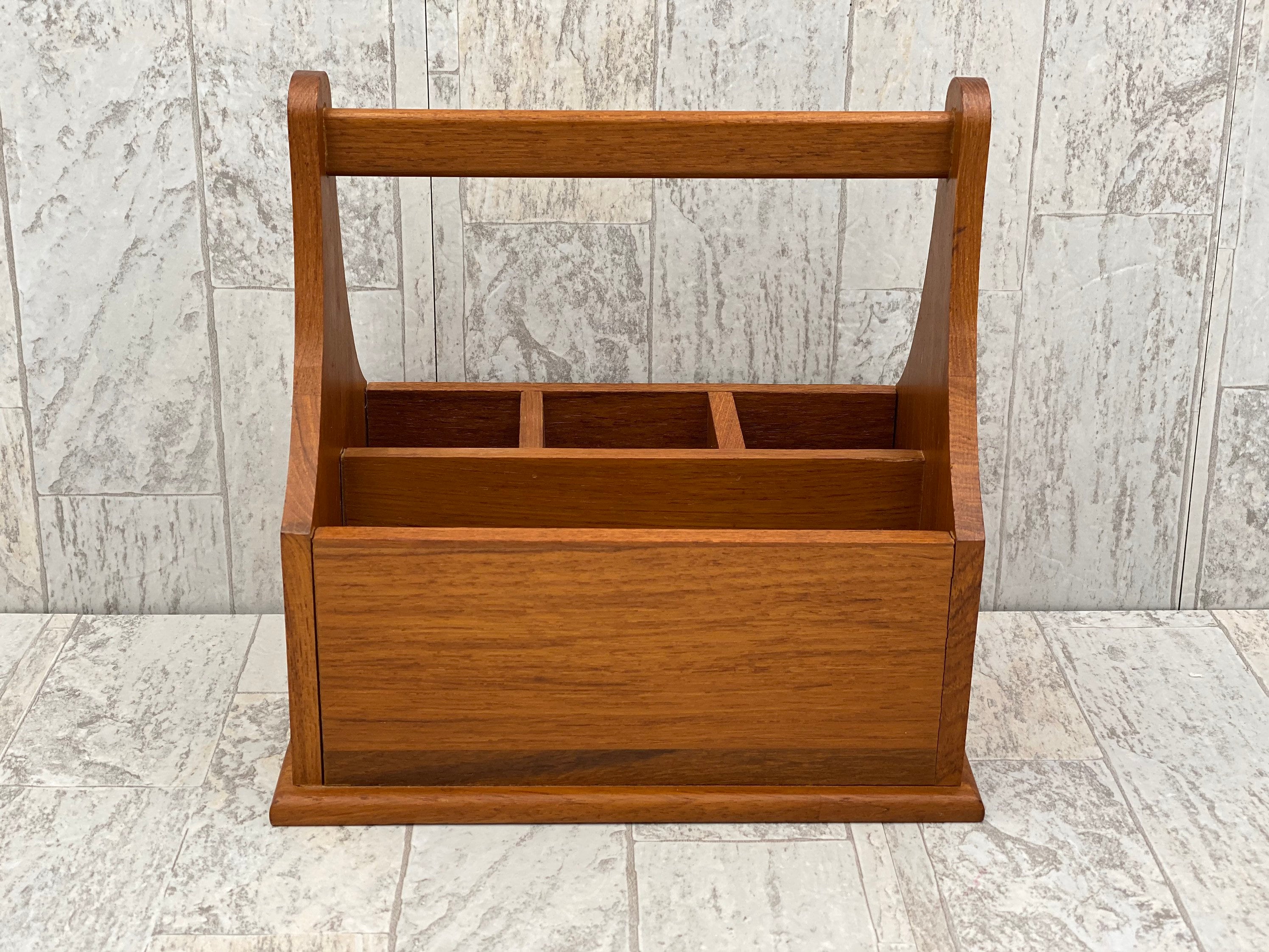 Vintage Flatware caddy, Teakwood silverware holder, Utensil carrying