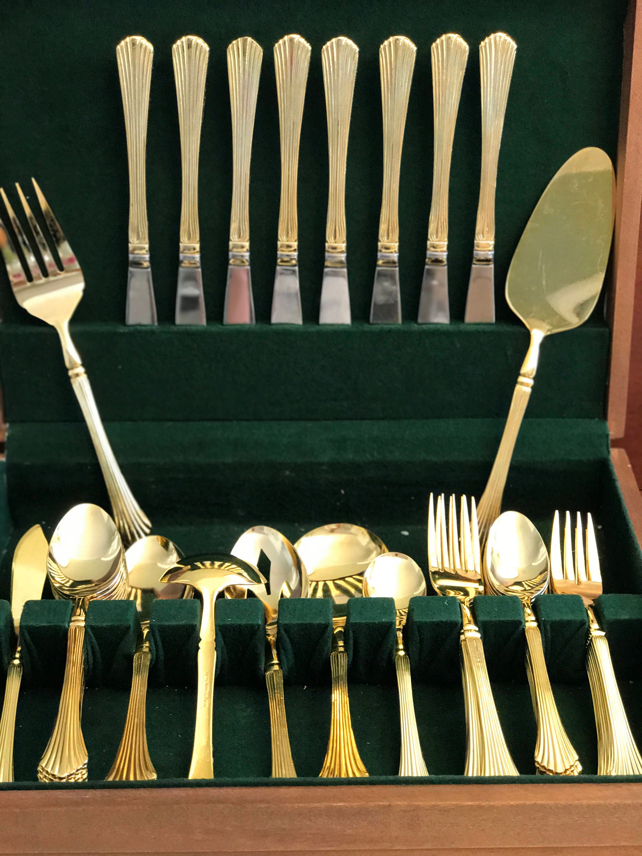 Gold Flatware, complete 48 piece service for 8 with serving pieces