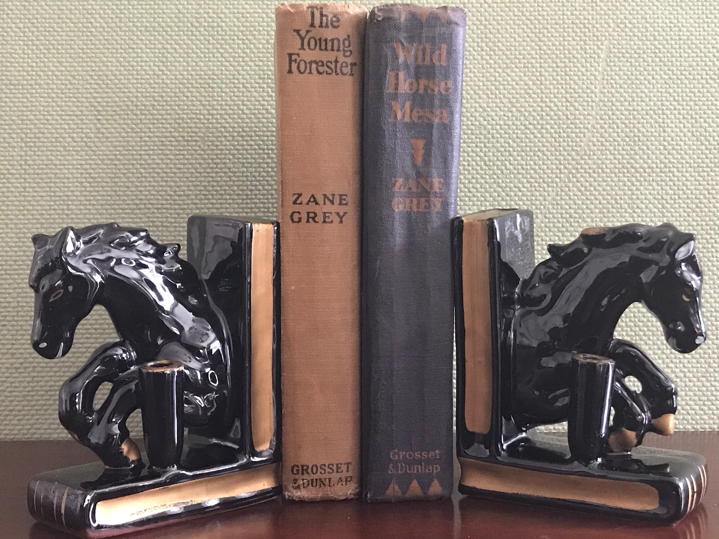 Vintage Black Horse Bookends Ceramic horses on books Equestrian Bookend