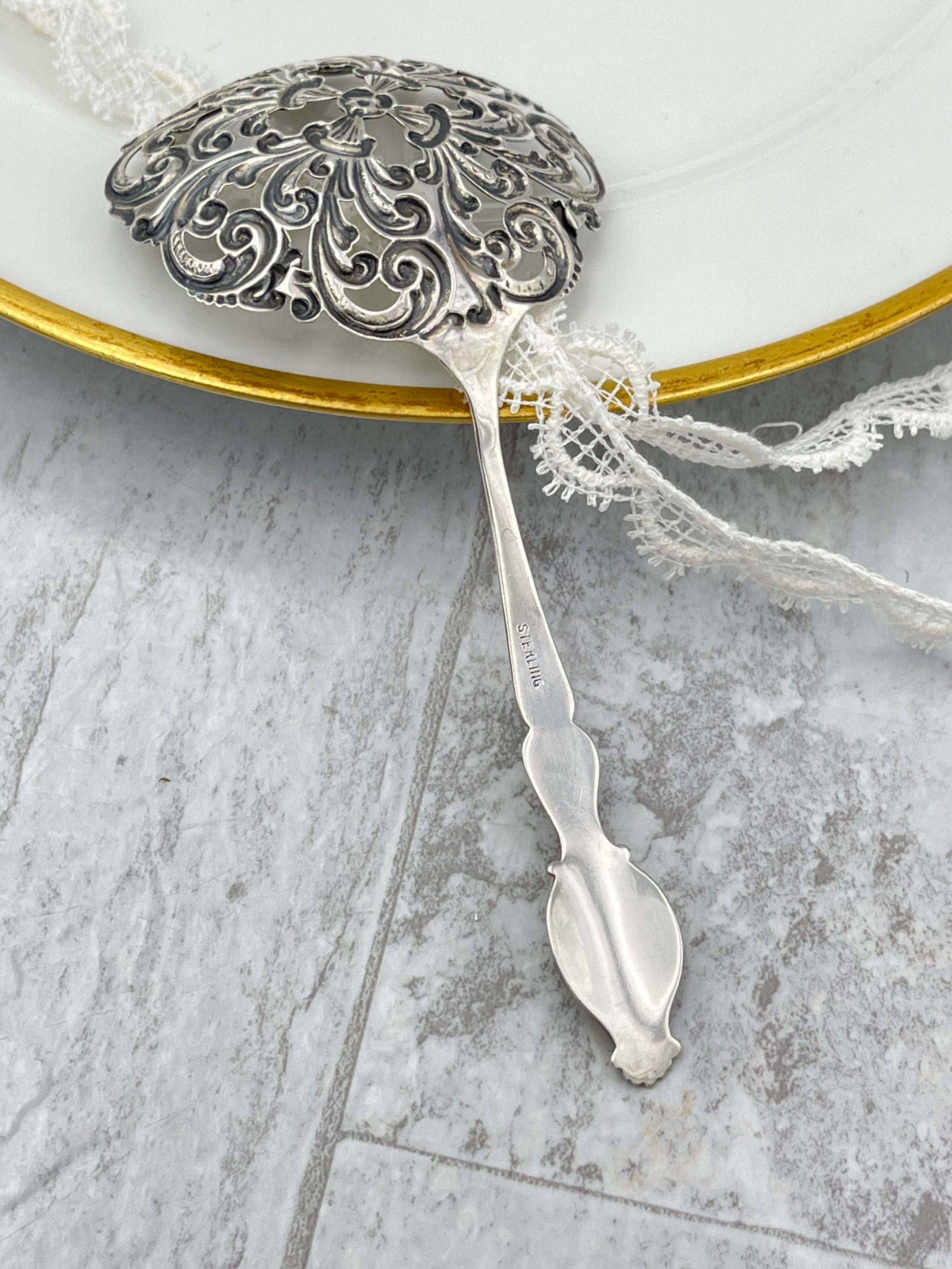 Antique Sterling Silver Bon Bon spoon, Hallmarked, Ornate Pierced bowl