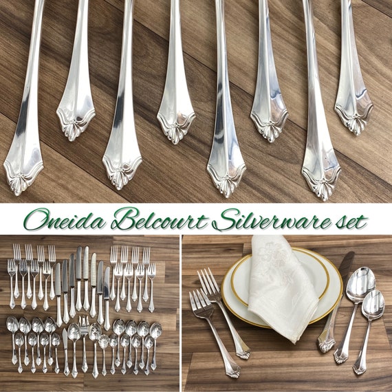 Vintage Oneida Cube Silverware set NEW Service for 8 In Silverware chest, Belcourt Flatware set with serving set, Wedding Gift