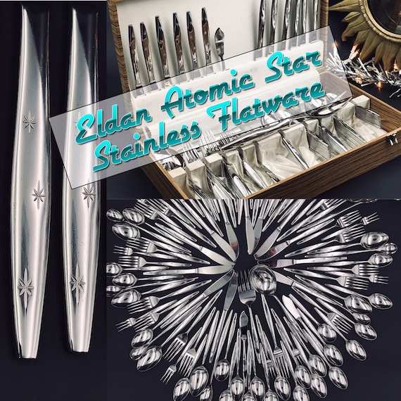 Rare Atomic Star Flatware Three Star Eldan Stainless Flatware, Mid Cenury Atomic three star Flatware, Vintage Flatware Set Original Case