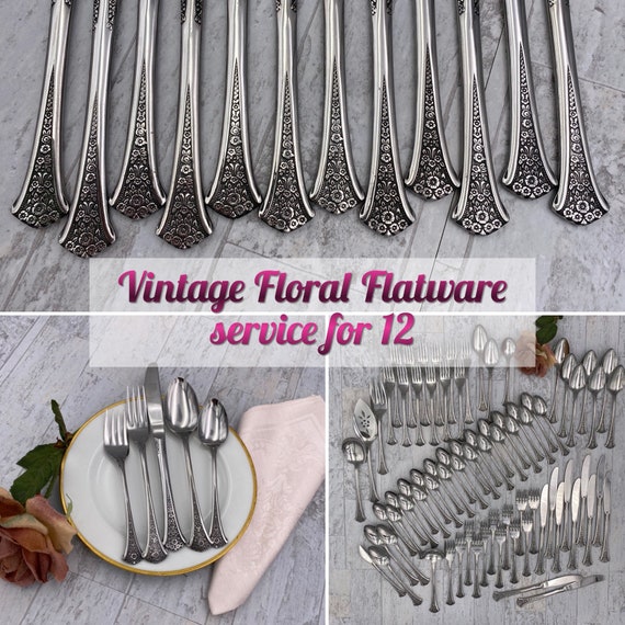 Vintage Stainless Flatware Set, Large Service for 12 Floral Pattern, Silverware set Excellent condition, classic flatware, Wedding gift