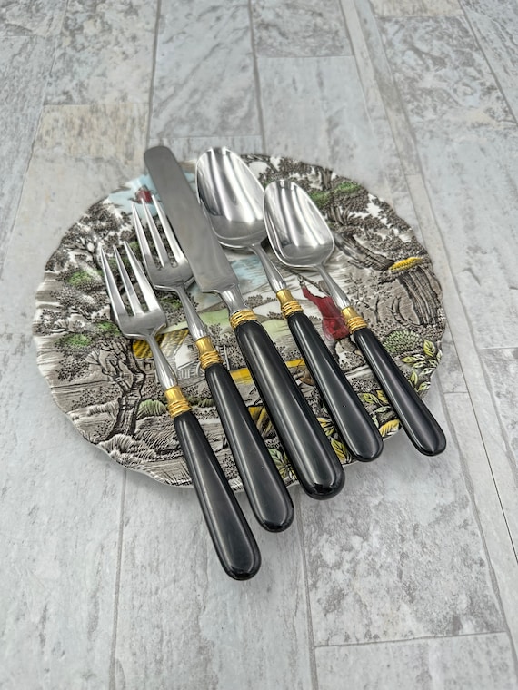 RARE Flatware Set, Old Denmark Black handled Cutlery, complete service for 12, Yamazaki Vintage Silverware set