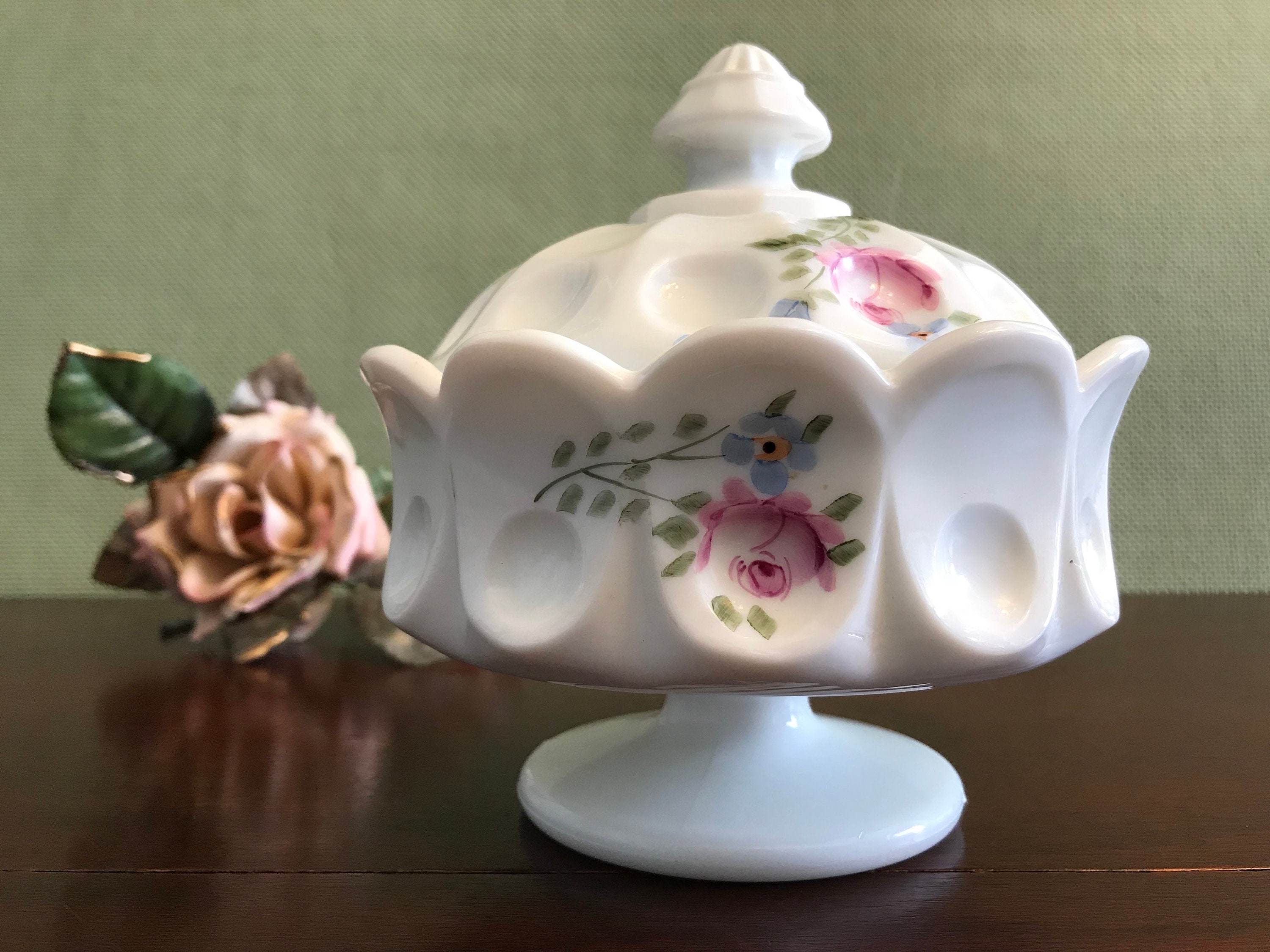 Vintage Milk Glass candy dish Hand painted Roses Westmoreland Glass