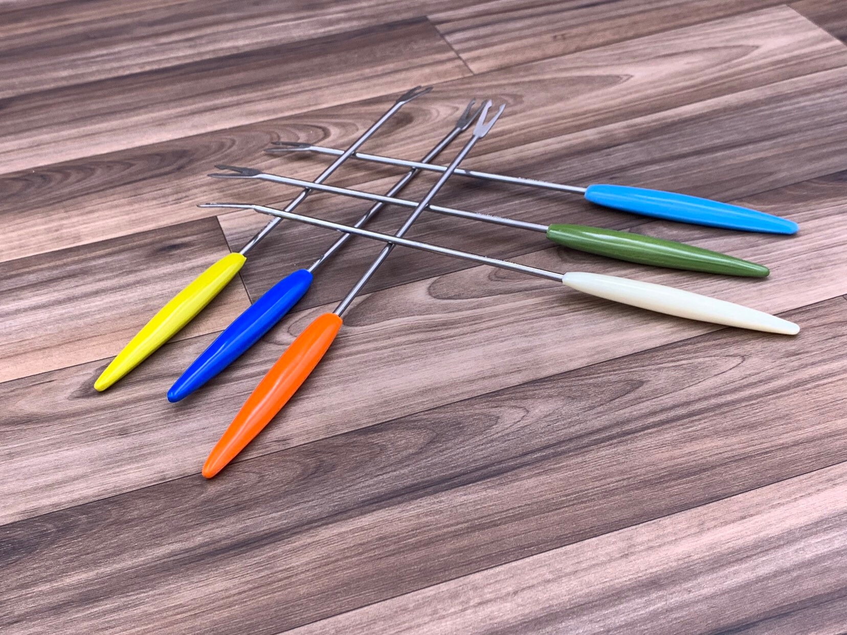 Vintage Fondue Forks, Retro Colored Plastic handles stainless steel