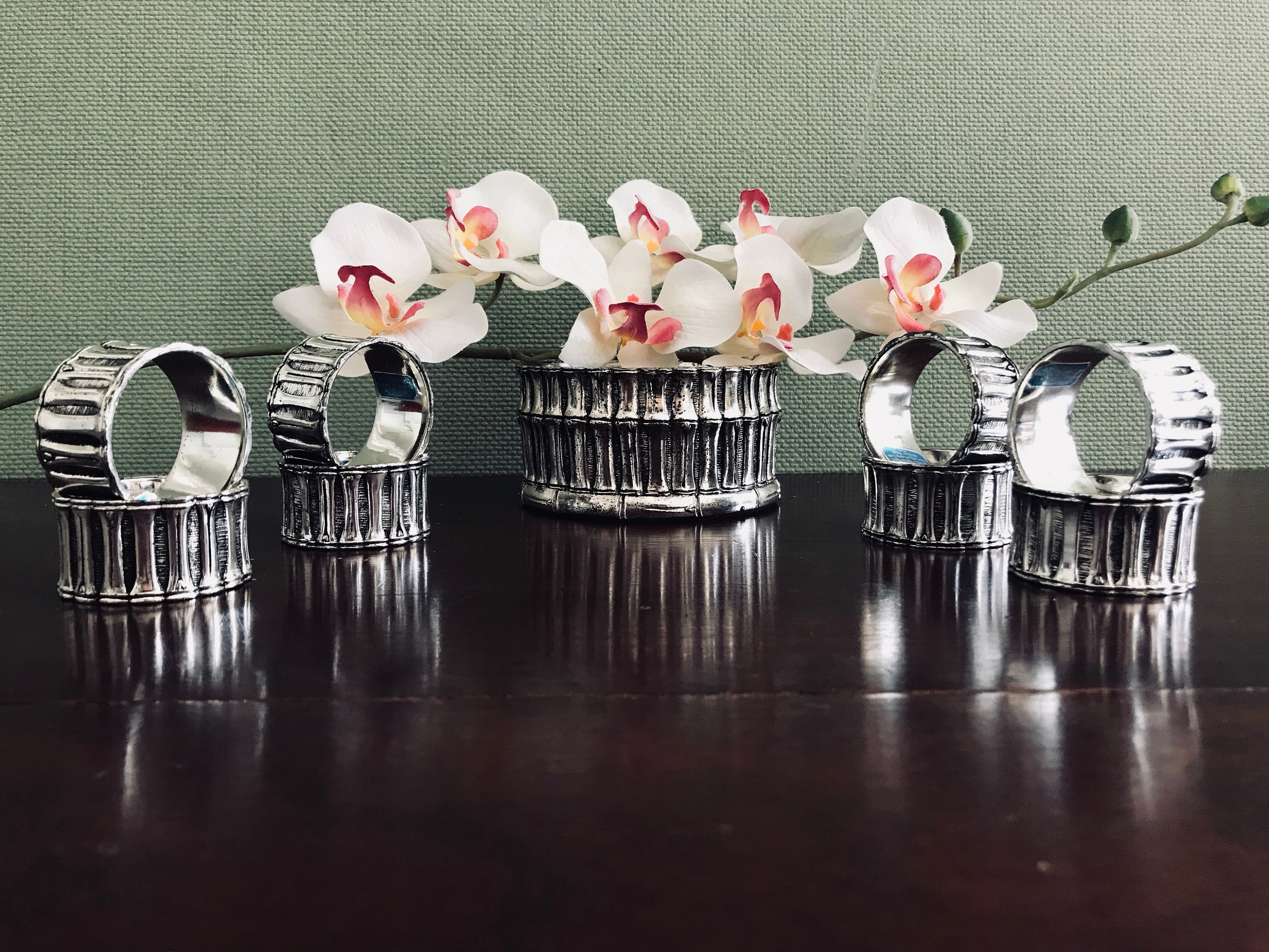 Bamboo Napkin Rings and centerpiece, Silver plated napkin rings matching centerpiece, Asian