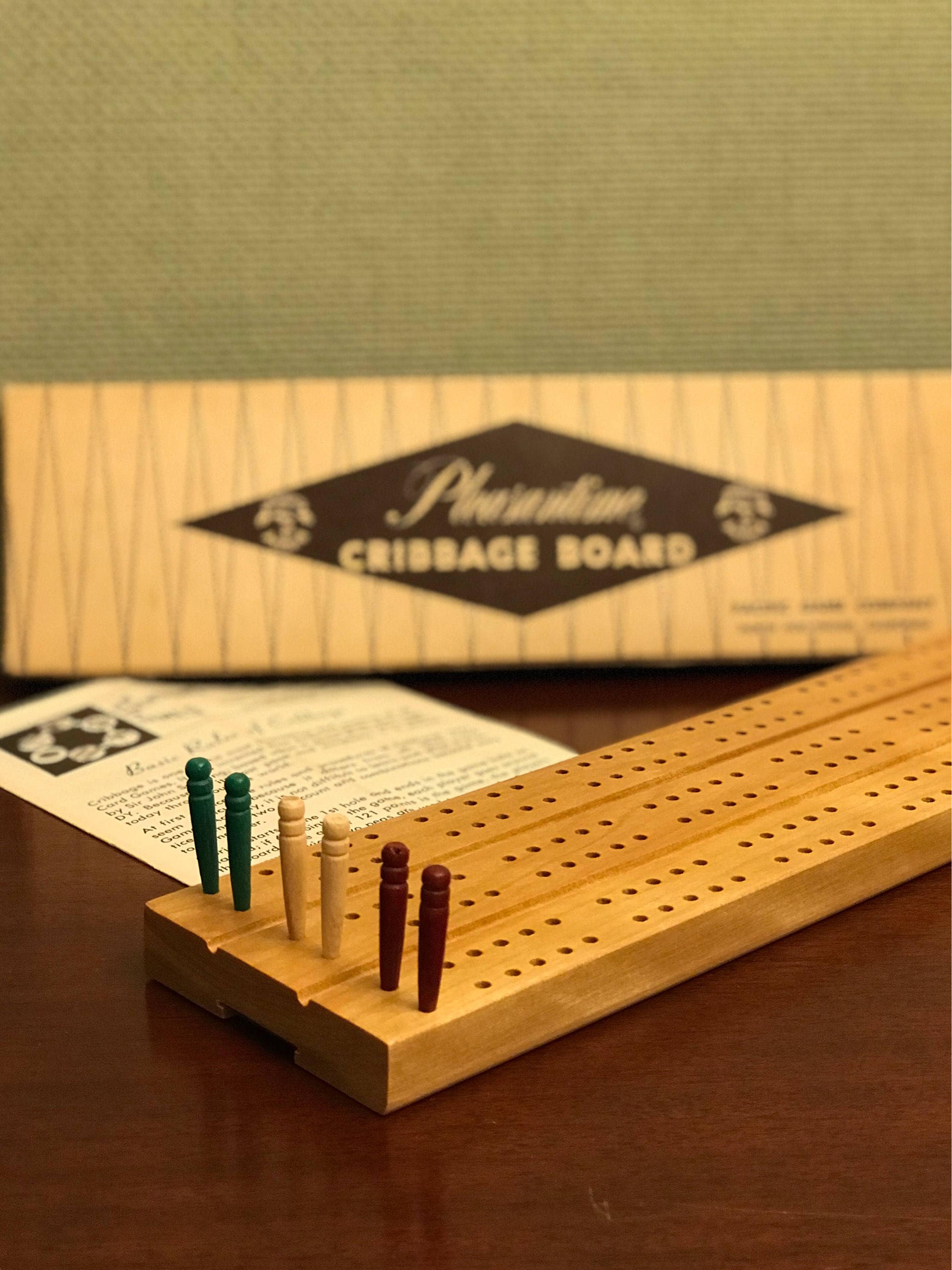 Vintage Cribbage Board, Wooden Cribbage board with 6 pegs. Pleasantime